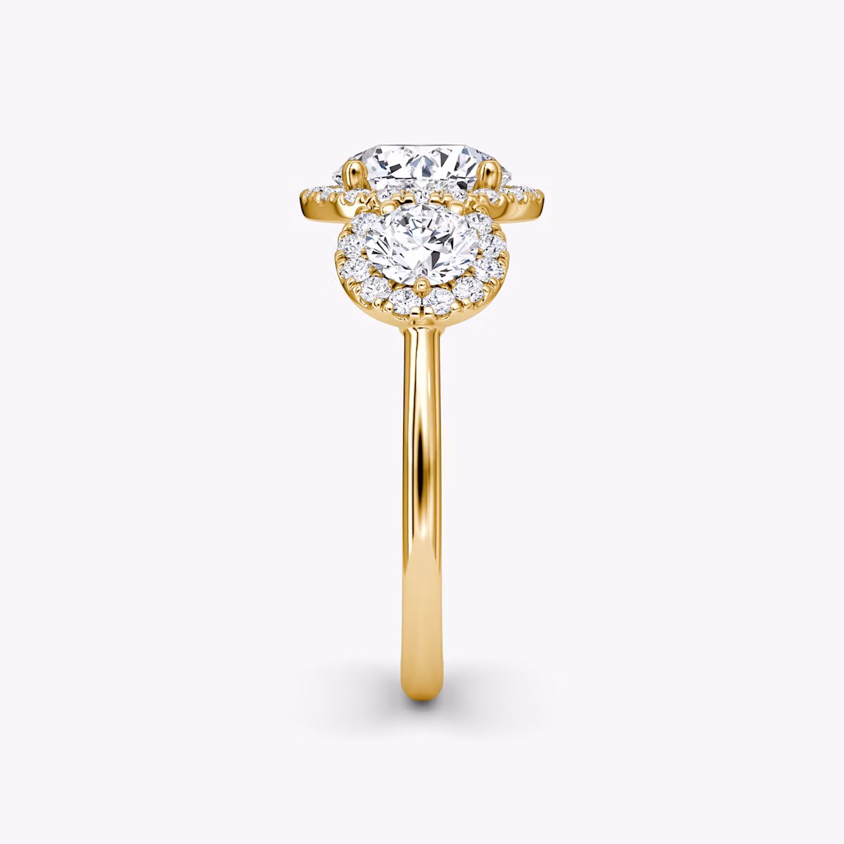 The Three Stone Halo | Round Brilliant | 18k | Yellow Gold | bandAccent: Plain | caratWeight: 1.0ct | sideStoneCarat: 0.25ct | diamondOrientation: vertical