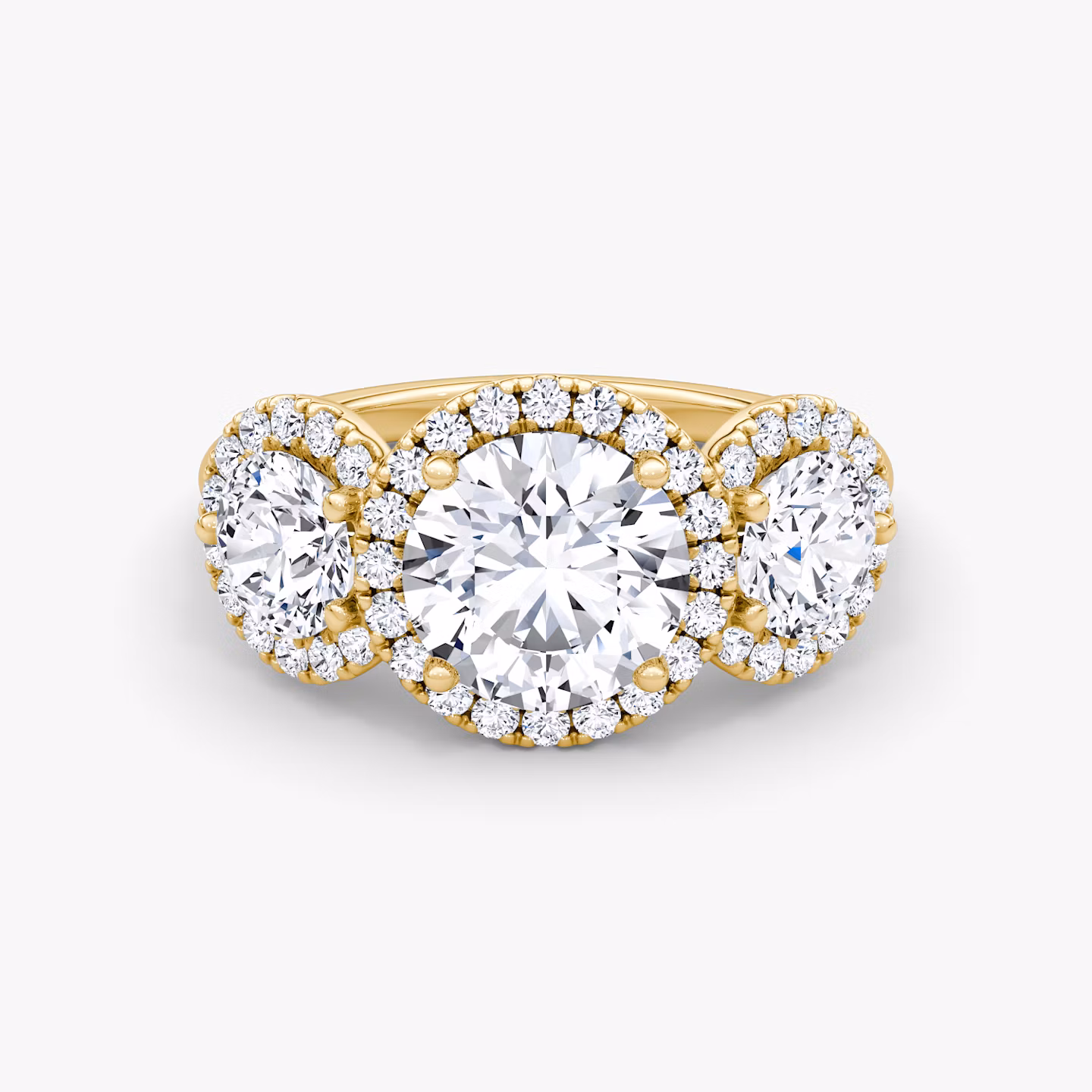 The Three Stone Halo | Round Brilliant | 18k | Yellow Gold | bandAccent: Plain | caratWeight: 1.5ct | sideStoneCarat: 0.50ct | diamondOrientation: vertical