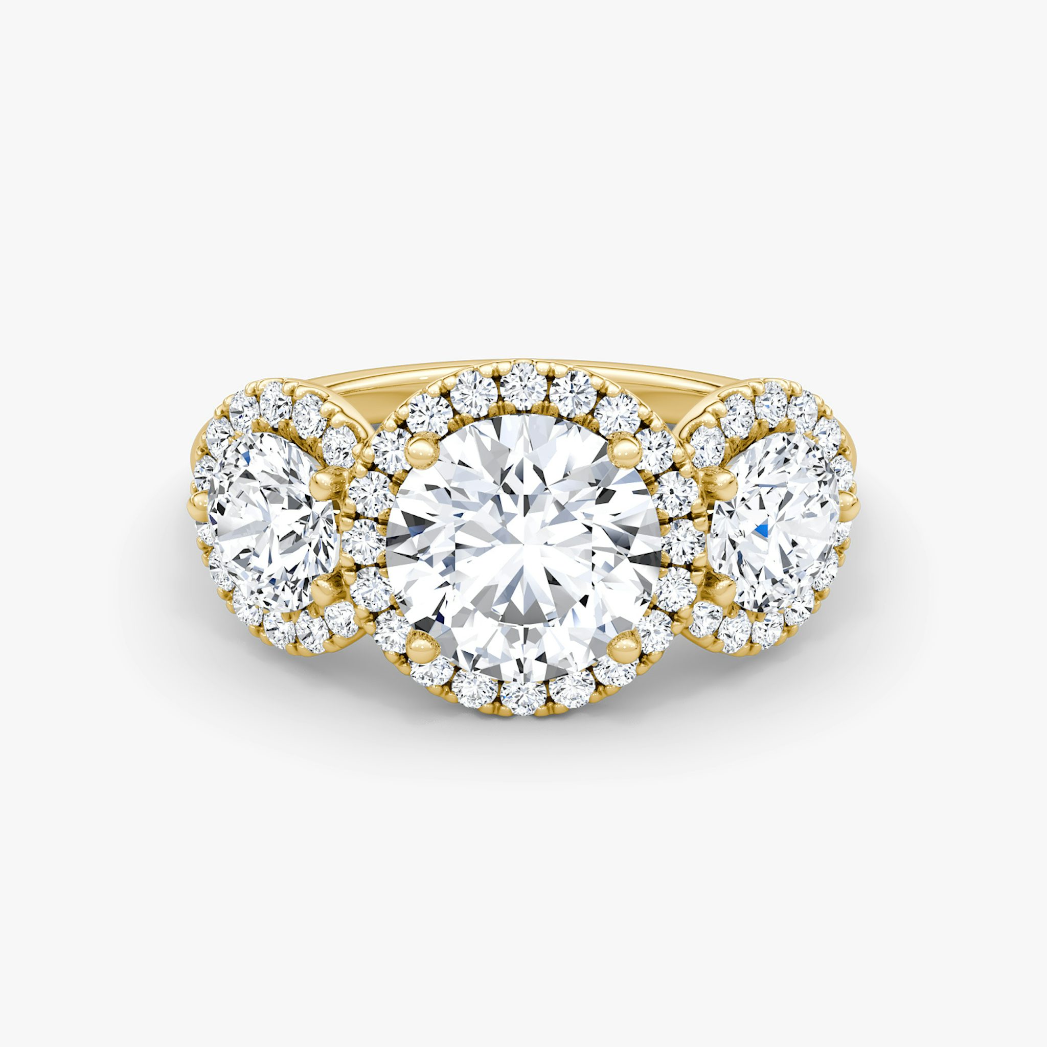 The Three Stone Halo | Round Brilliant | 18k | Yellow Gold | bandAccent: Plain | caratWeight: 2.0ct | sideStoneCarat: 0.50ct | diamondOrientation: vertical