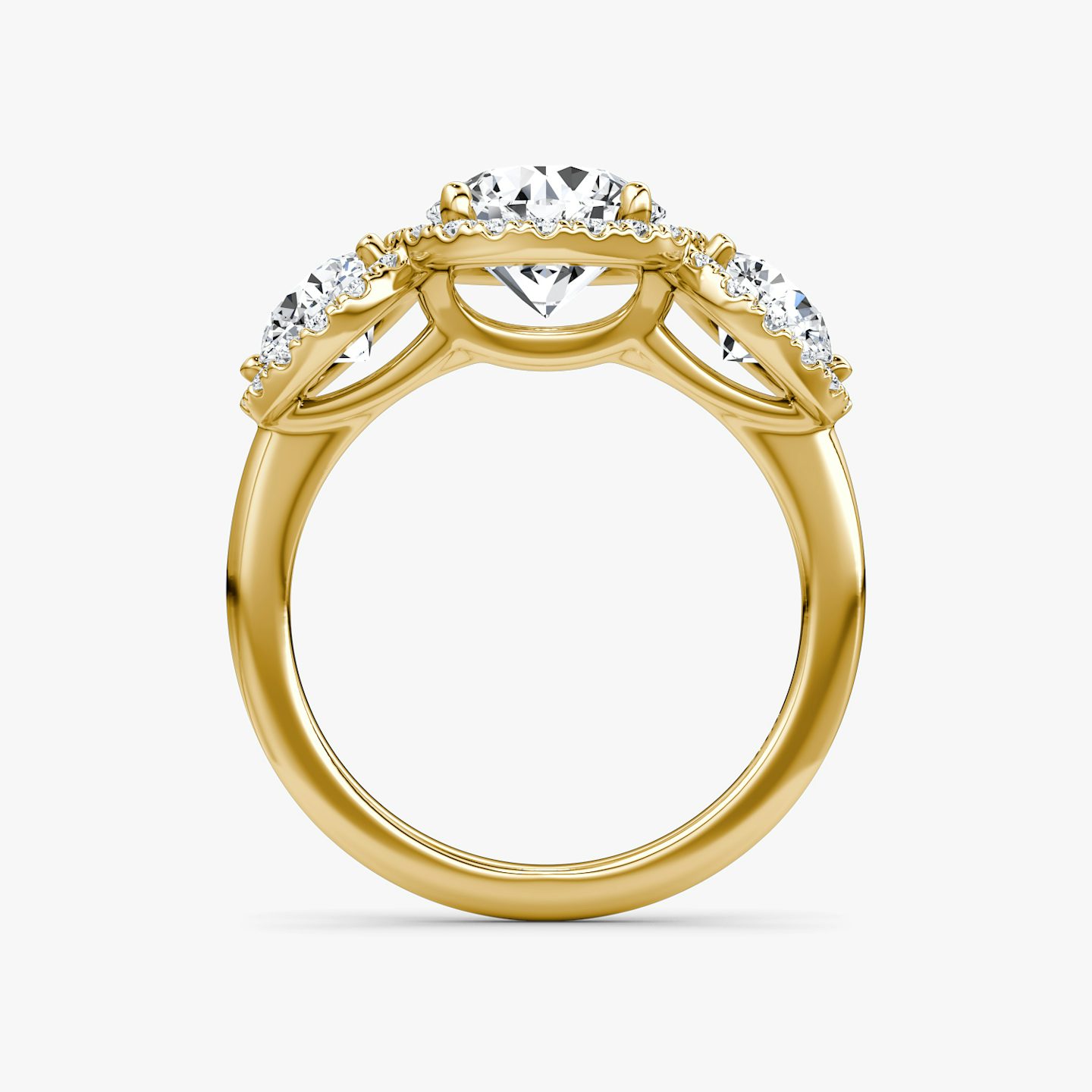 The Three Stone Halo | Round Brilliant | 18k | Yellow Gold | bandAccent: Plain | caratWeight: 1.5ct | sideStoneCarat: 0.50ct | diamondOrientation: vertical