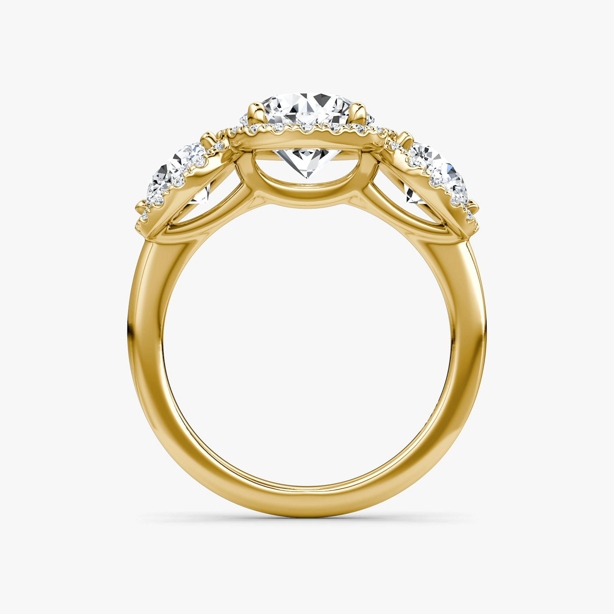 The Three Stone Halo | Round Brilliant | 18k | Yellow Gold | bandAccent: Plain | caratWeight: 2.0ct | sideStoneCarat: 0.50ct | diamondOrientation: vertical