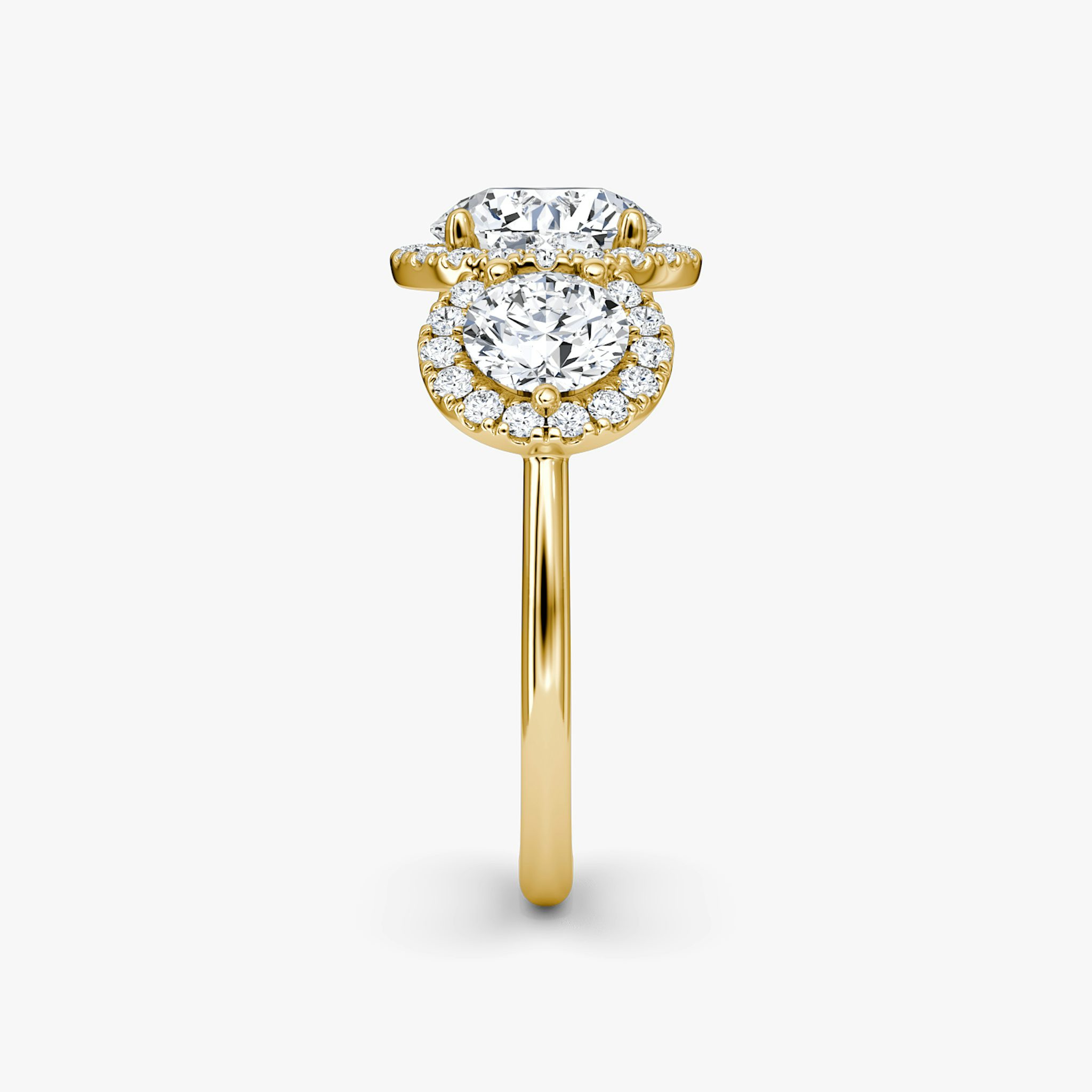 The Three Stone Halo | Round Brilliant | 18k | Yellow Gold | bandAccent: Plain | caratWeight: 2.0ct | sideStoneCarat: 0.50ct | diamondOrientation: vertical