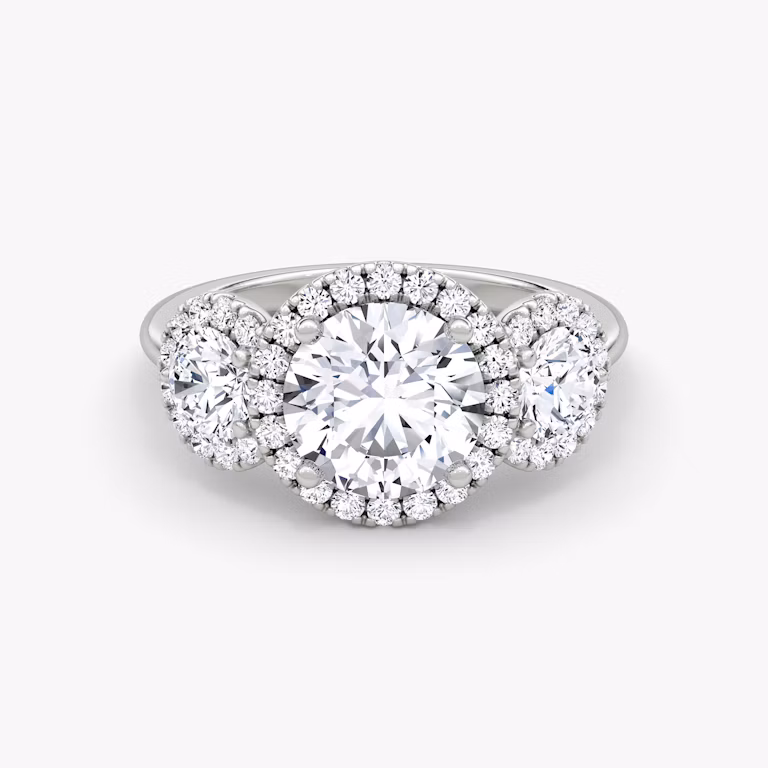 three stone halo ring round plain platinum