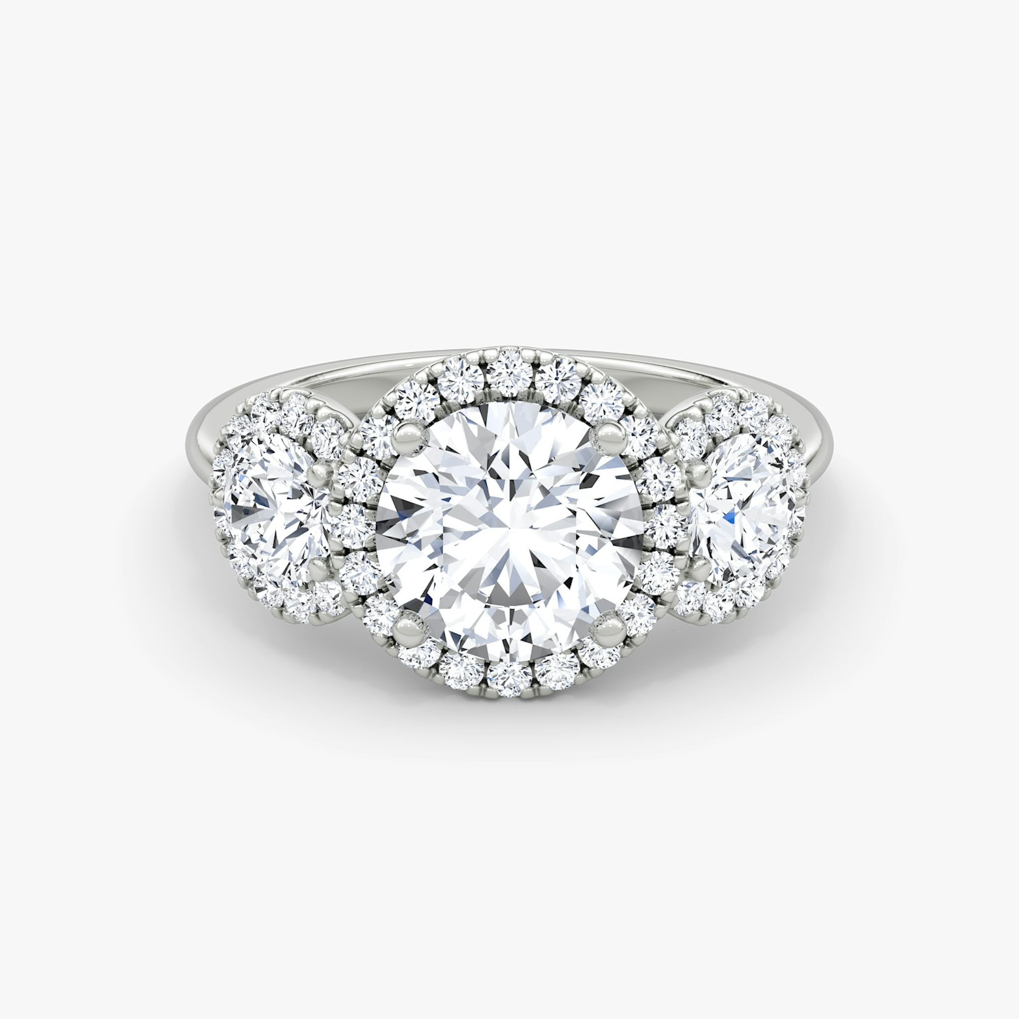 three stone halo ring round plain platinum