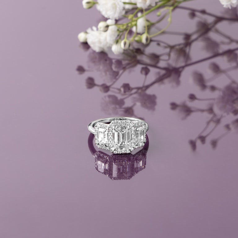 Customizable Three-Stone Halo Ring – 925 Sterling Silver, Choose Your Gemstone & Size (4-13)