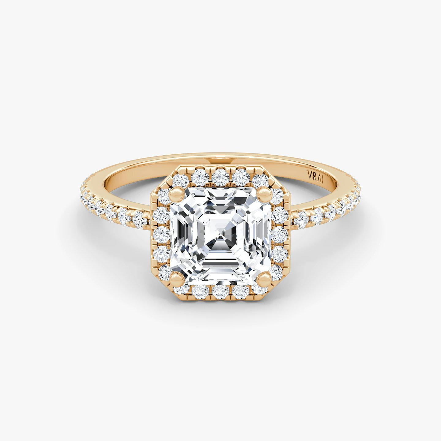 Anillo de compromiso Halo | Asscher | 14k | Oro rosa | bandAccent: Pavé | haloSize: original | diamondOrientation: vertical | caratWeight: other