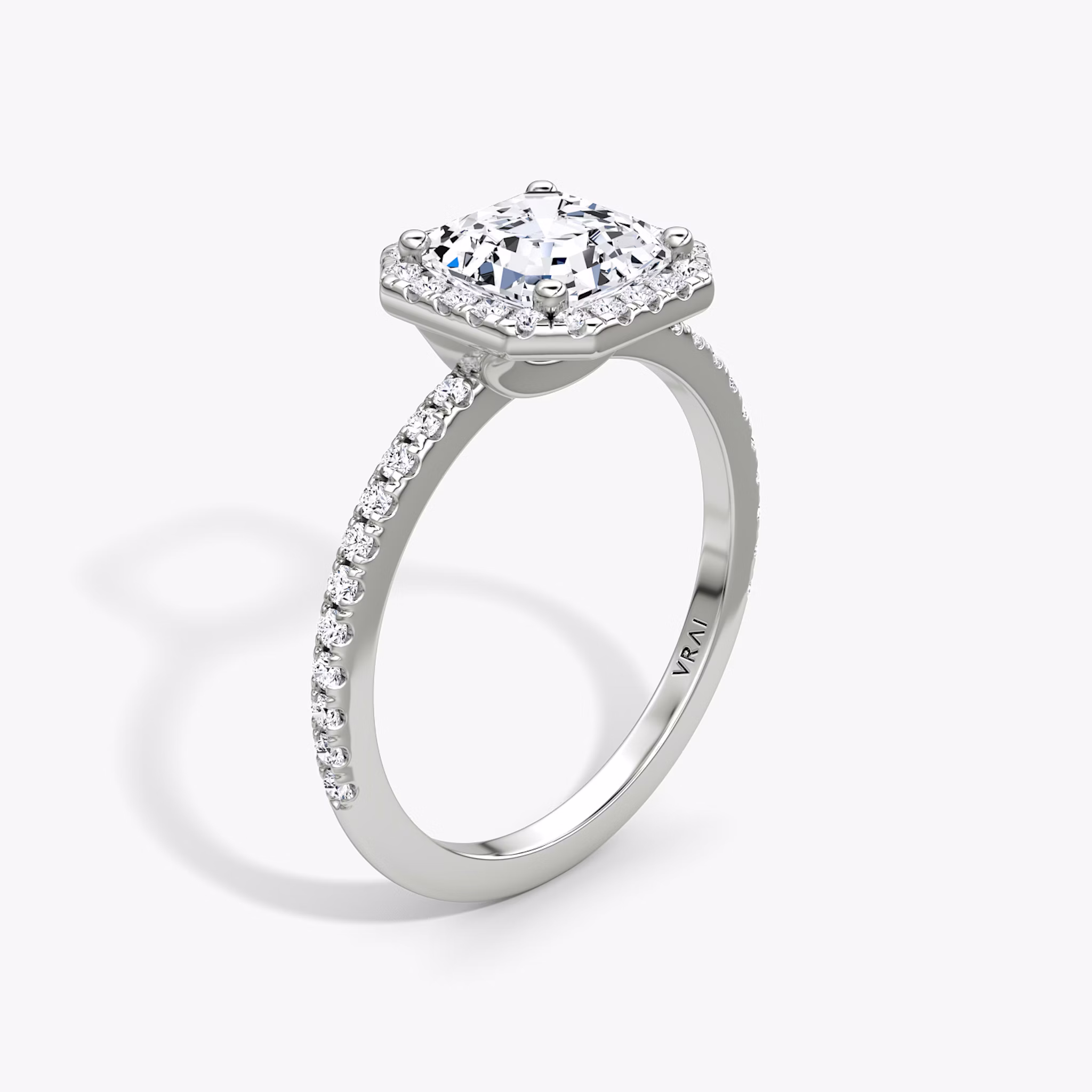 The Halo | Asscher | Platinum | bandAccent: Pavé | haloSize: original | diamondOrientation: vertical | caratWeight: other