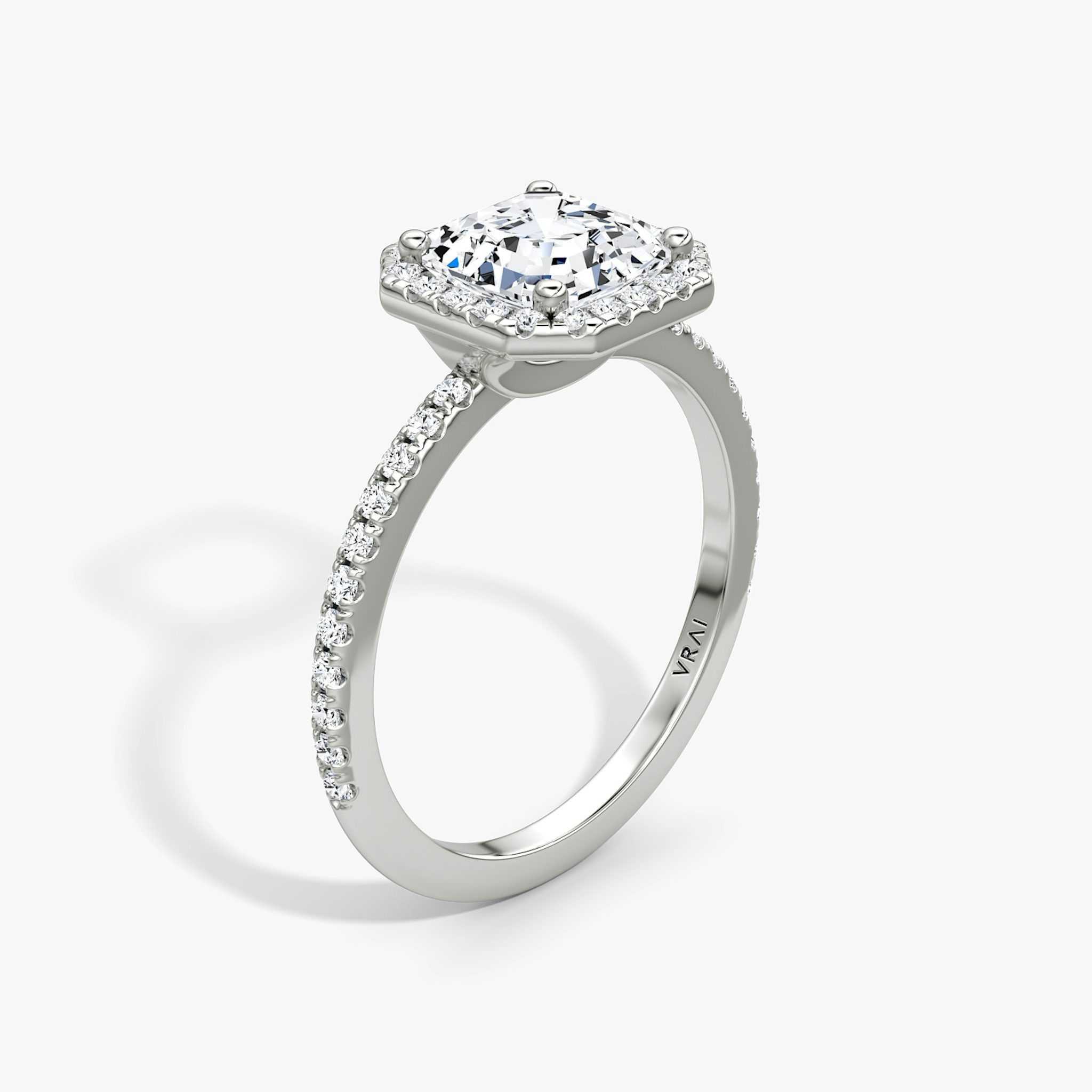The Halo | Asscher | Platinum | bandAccent: Pavé | haloSize: original | diamondOrientation: vertical | caratWeight: other