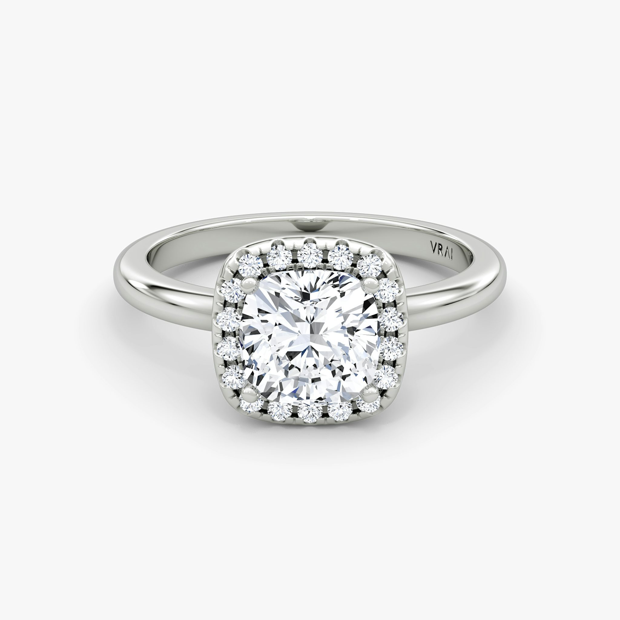 The Halo | Cushion | Platinum | bandAccent: Plain | haloSize: original | diamondOrientation: vertical | caratWeight: other