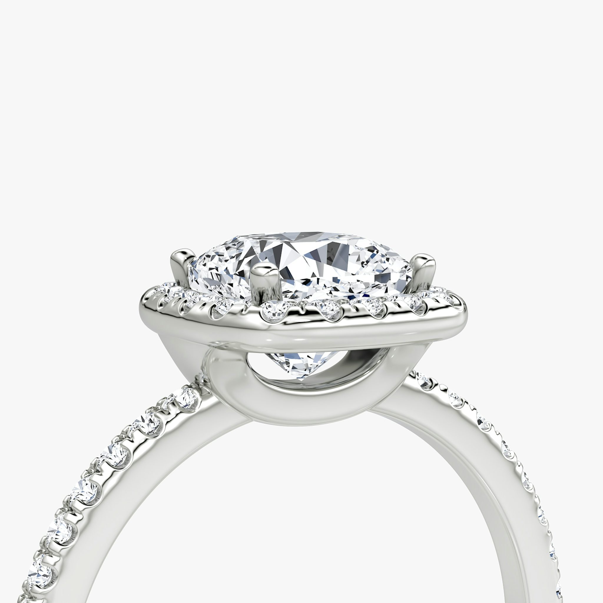 The Halo | Cushion | 18k | White Gold | bandAccent: Pavé | haloSize: original | diamondOrientation: vertical | caratWeight: other