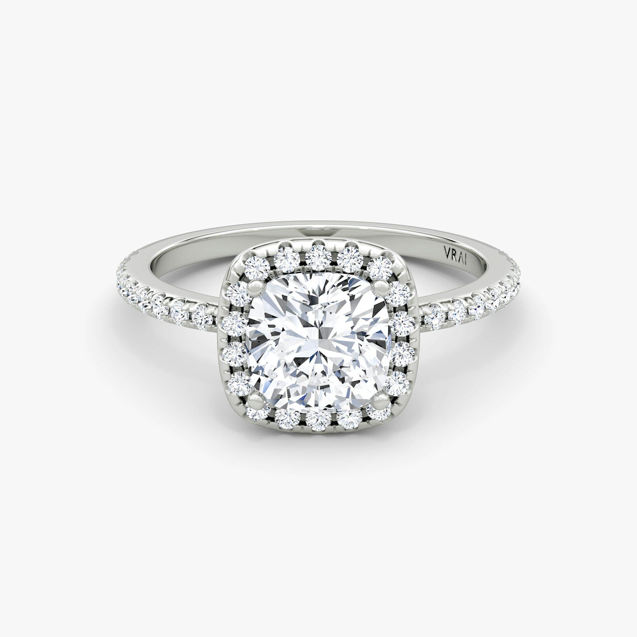 The Halo | Cushion | 18k | White Gold | bandAccent: Pavé | haloSize: original | diamondOrientation: vertical | caratWeight: other