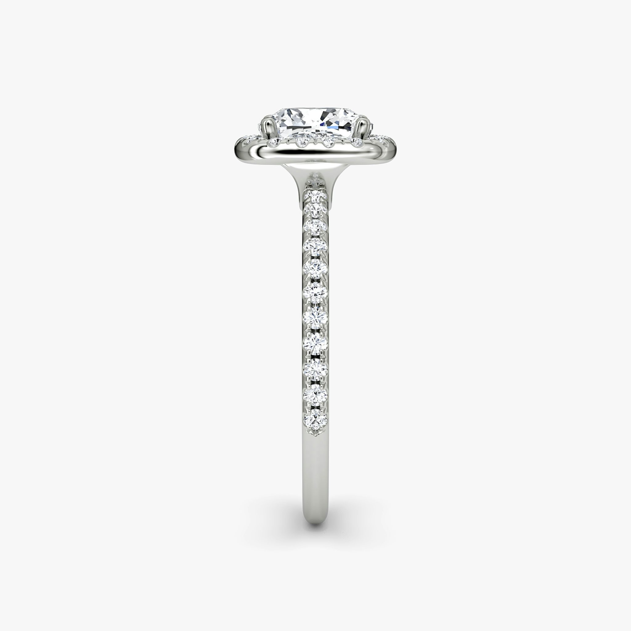 The Halo | Cushion | 18k | White Gold | bandAccent: Pavé | haloSize: original | diamondOrientation: vertical | caratWeight: other