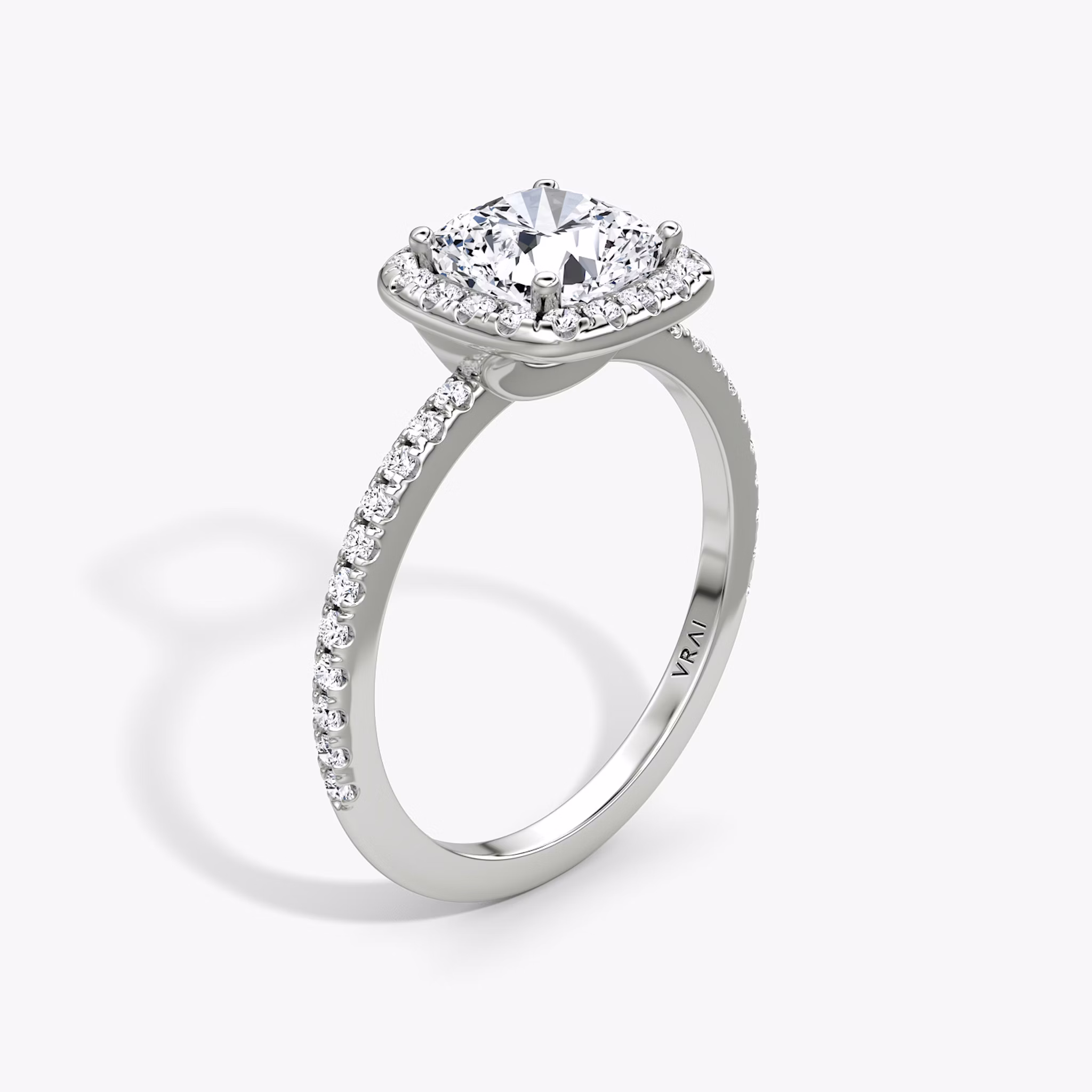 The Halo | Cushion | 18k | White Gold | bandAccent: Pavé | haloSize: original | diamondOrientation: vertical | caratWeight: other
