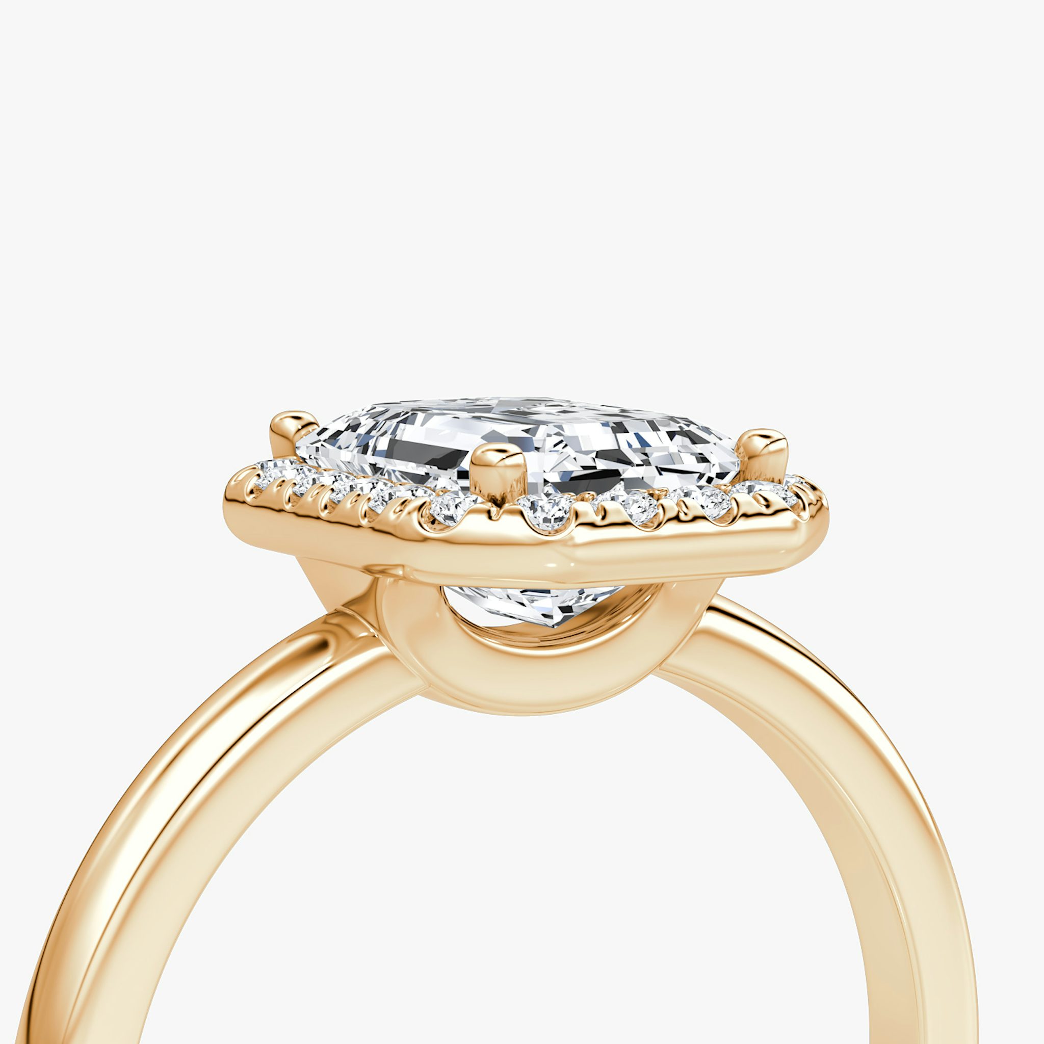 The Halo | Emerald | 14k | Rose Gold | bandAccent: Plain | haloSize: original | diamondOrientation: vertical | caratWeight: other