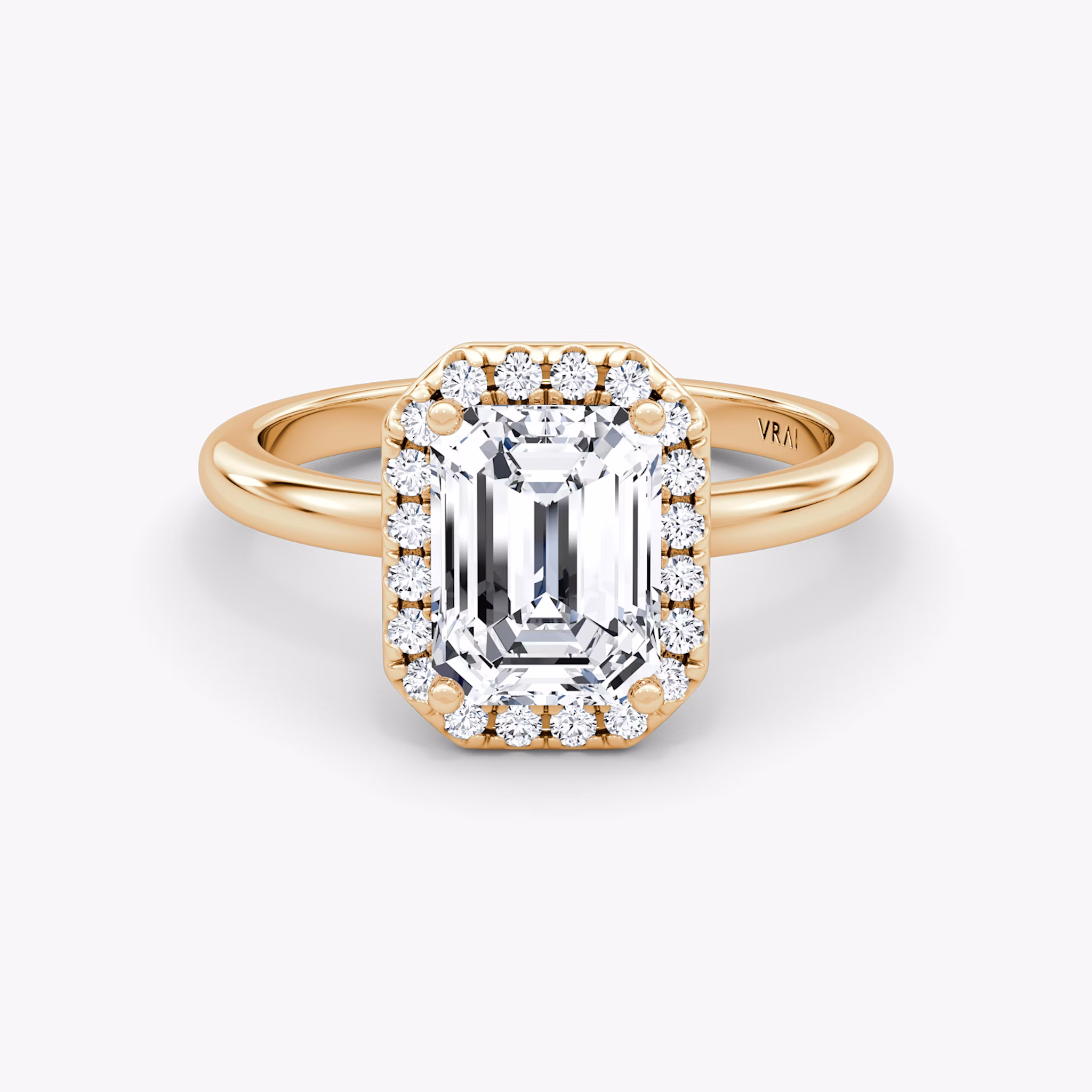 The Halo | Emerald | 14k | Rose Gold | bandAccent: Plain | haloSize: original | diamondOrientation: vertical | caratWeight: other