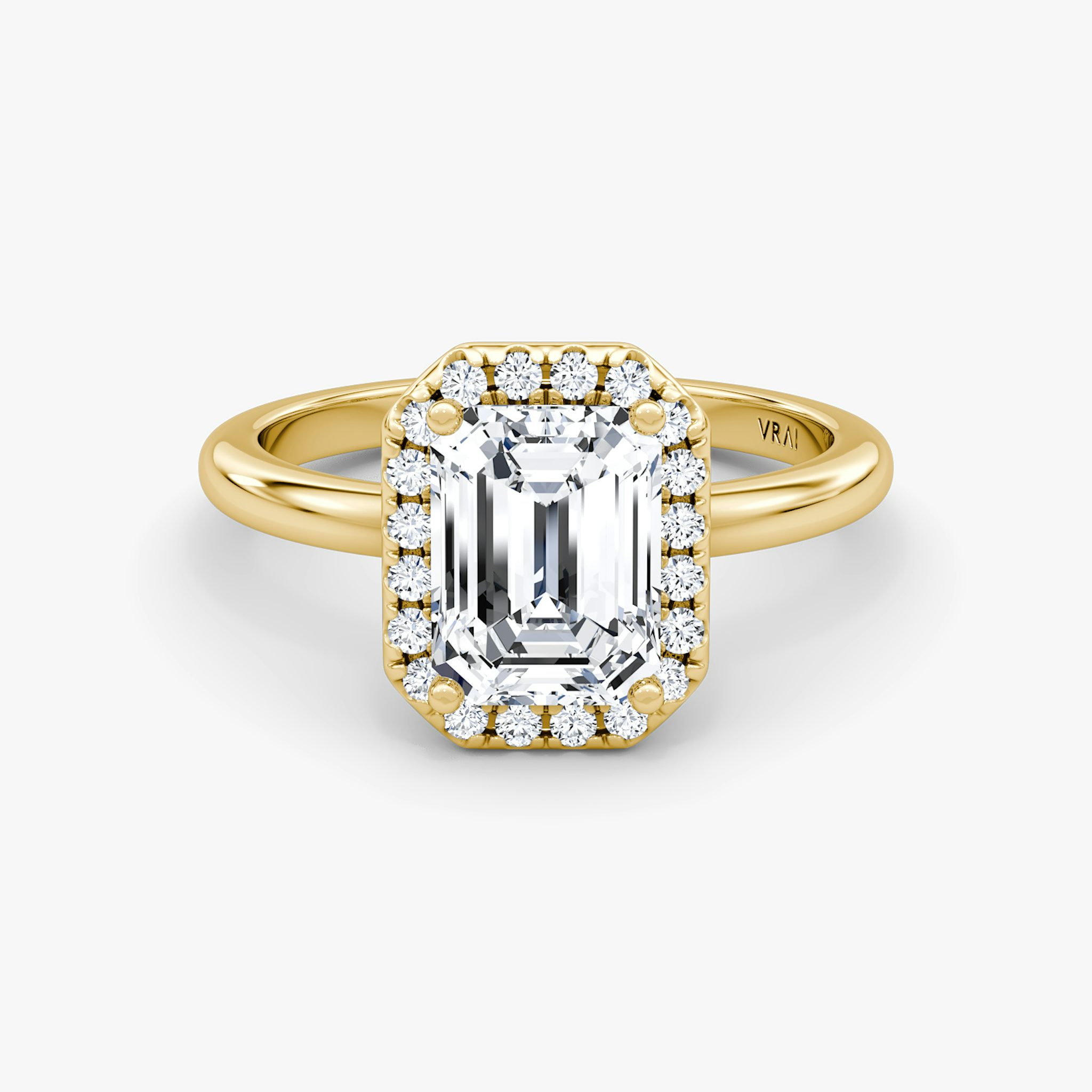 The Halo | Emerald | 18k | Yellow Gold | bandAccent: Plain | haloSize: original | diamondOrientation: vertical | caratWeight: other