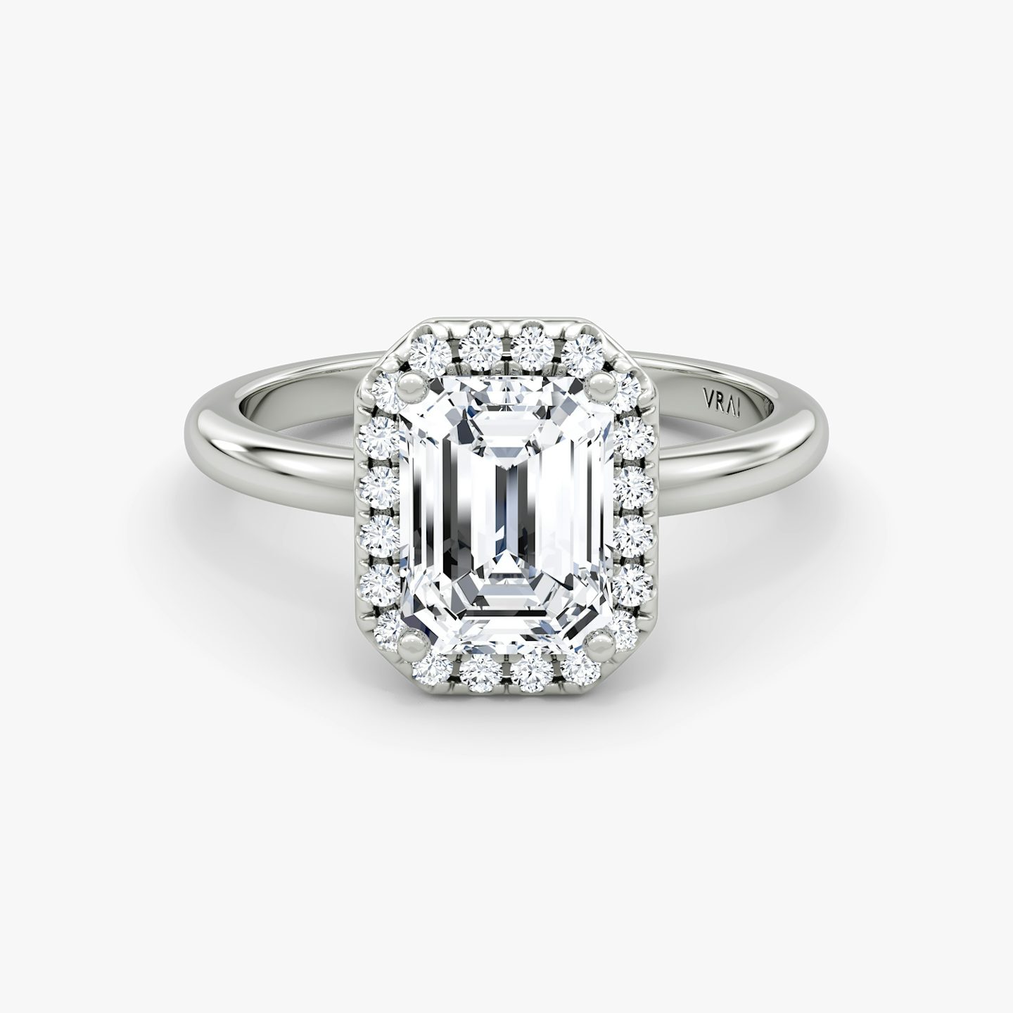 The Halo | Emerald | 18k | White Gold | bandAccent: Plain | haloSize: original | diamondOrientation: vertical | caratWeight: other