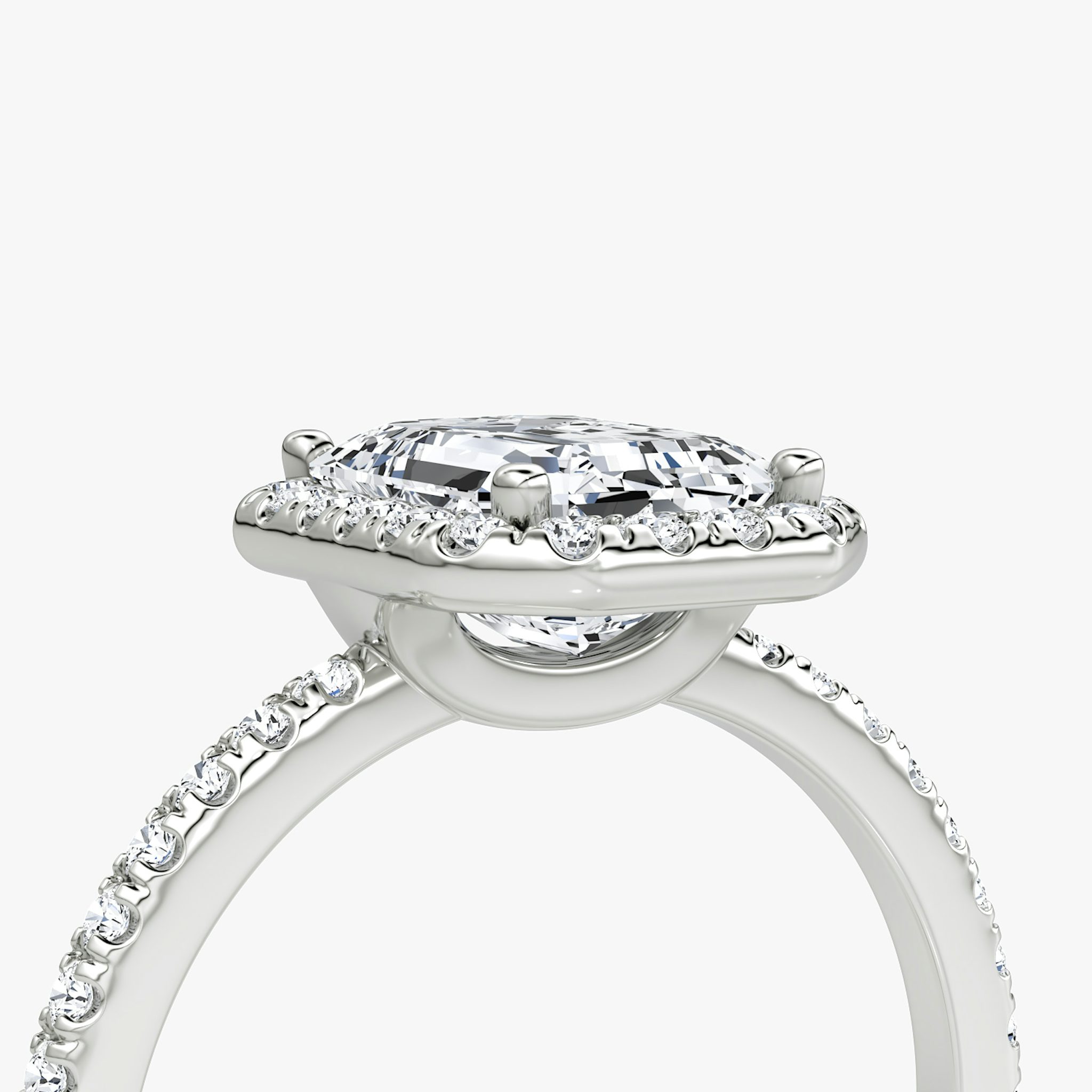 The Halo | Emerald | 18k | White Gold | bandAccent: Pavé | haloSize: original | diamondOrientation: vertical | caratWeight: other
