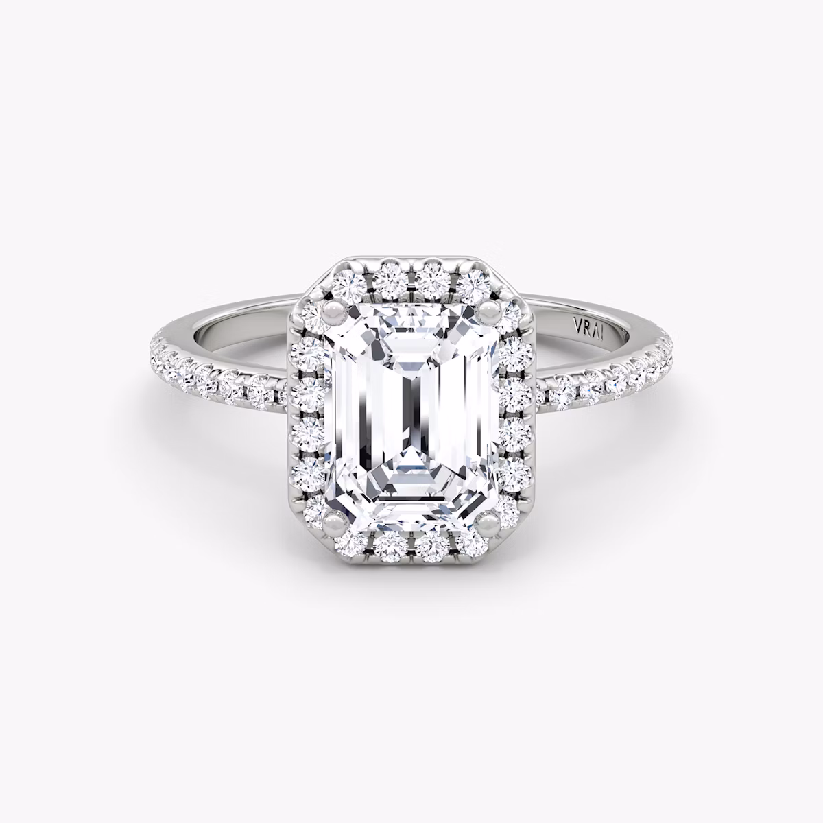 The Halo | Emerald | 18k | White Gold | bandAccent: Pavé | haloSize: original | diamondOrientation: vertical | caratWeight: other