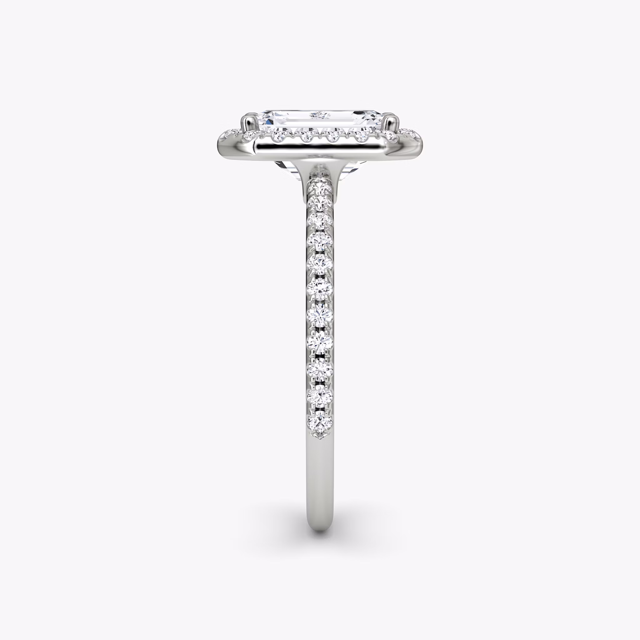 The Halo | Emerald | 18k | White Gold | bandAccent: Pavé | haloSize: original | diamondOrientation: vertical | caratWeight: other