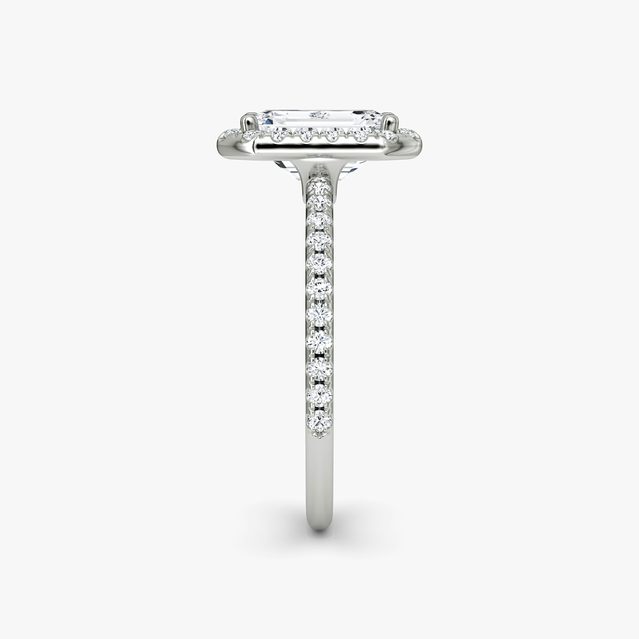 The Halo | Emerald | 18k | White Gold | bandAccent: Pavé | haloSize: original | diamondOrientation: vertical | caratWeight: other