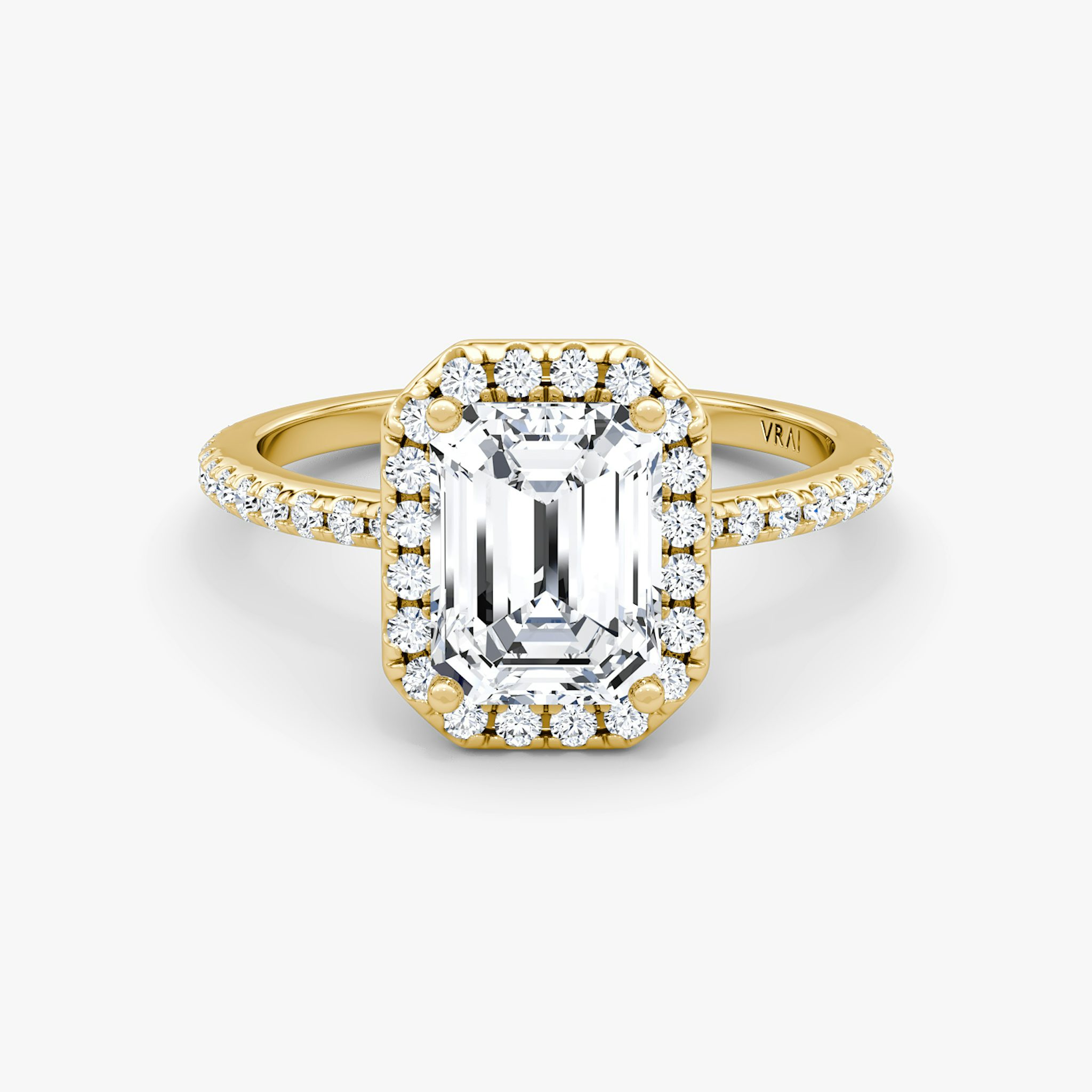 The Halo | Emerald | 18k | Yellow Gold | bandAccent: Pavé | haloSize: original | diamondOrientation: vertical | caratWeight: other
