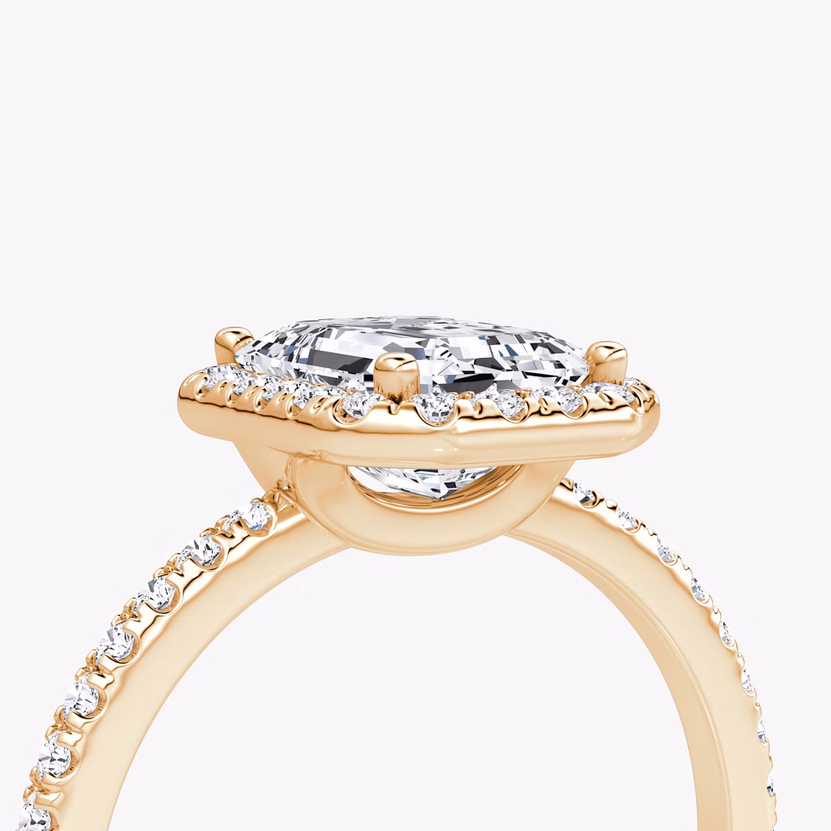 The Halo | Emerald | 14k | Rose Gold | bandAccent: Pavé | haloSize: original | diamondOrientation: vertical | caratWeight: other