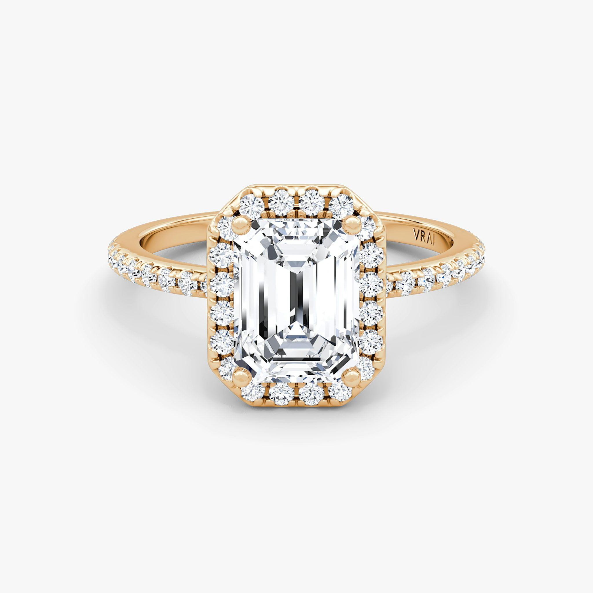 The Halo | Emerald | 14k | Rose Gold | bandAccent: Pavé | haloSize: original | diamondOrientation: vertical | caratWeight: other