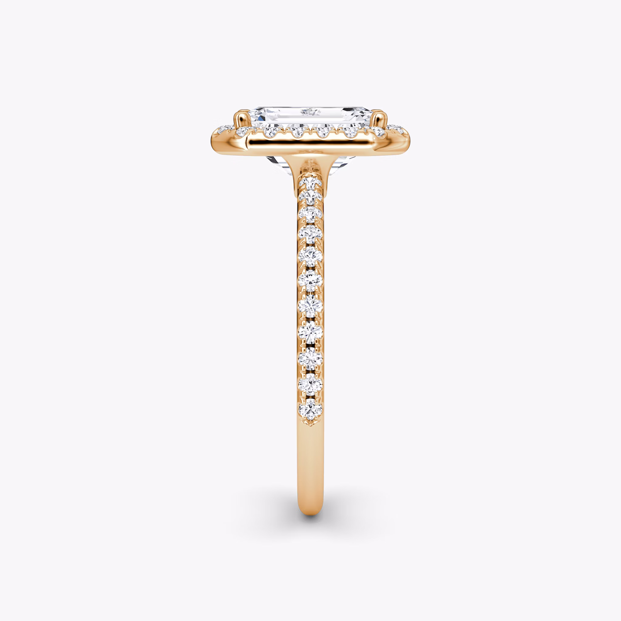 The Halo | Emerald | 14k | Rose Gold | bandAccent: Pavé | haloSize: original | diamondOrientation: vertical | caratWeight: other
