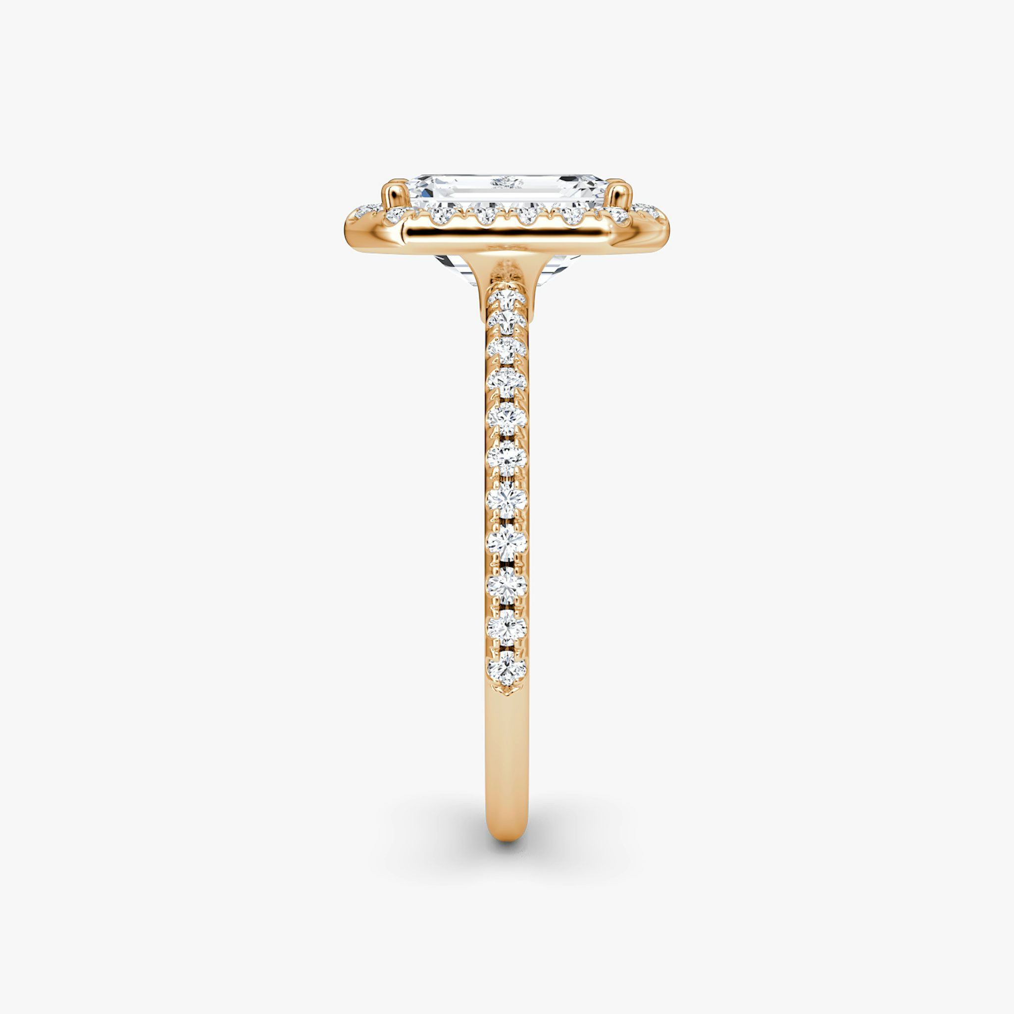 The Halo | Emerald | 14k | Rose Gold | bandAccent: Pavé | haloSize: original | diamondOrientation: vertical | caratWeight: other
