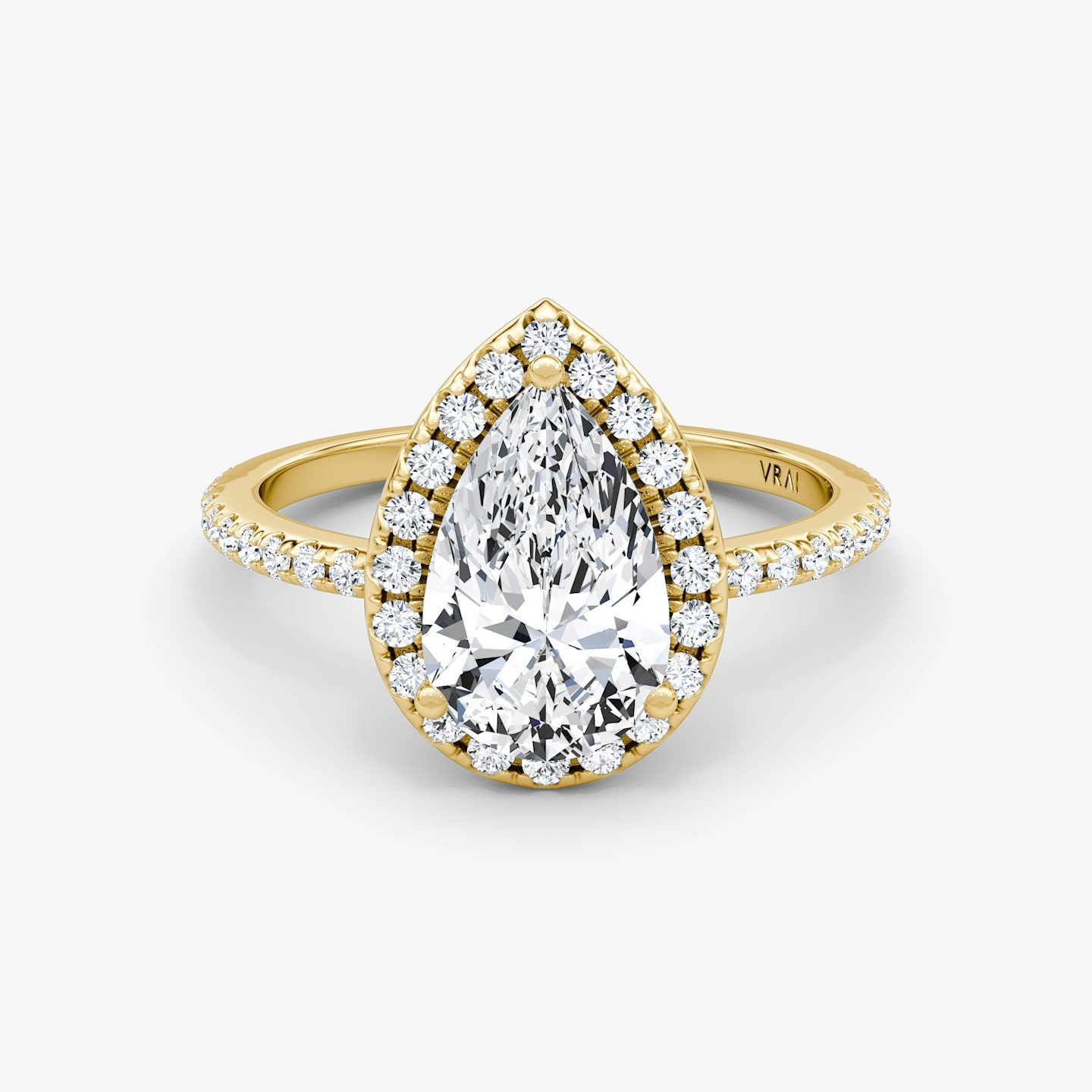 The Halo | Pear | 18k | Yellow Gold | bandAccent: Pavé | haloSize: original | diamondOrientation: vertical | caratWeight: other