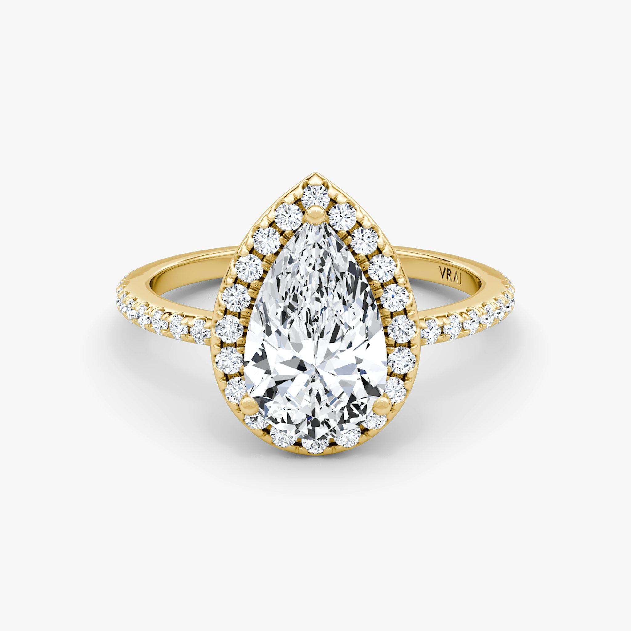 The Halo | Pear | 18k | Yellow Gold | bandAccent: Pavé | haloSize: original | diamondOrientation: vertical | caratWeight: other