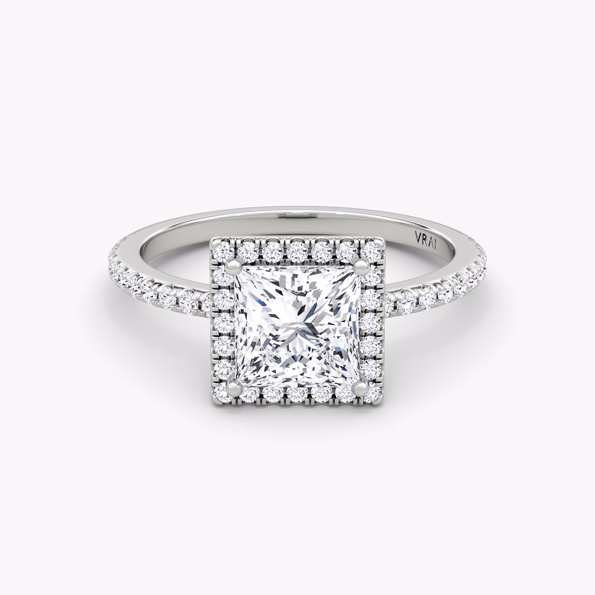 The Halo | Princess | 18k | White Gold | bandAccent: Pavé | haloSize: original | diamondOrientation: vertical | caratWeight: other