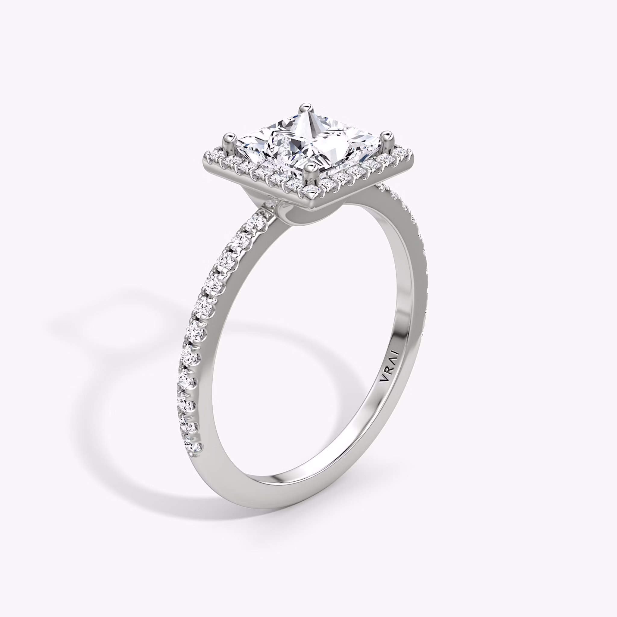 The Halo | Princess | 18k | White Gold | bandAccent: Pavé | haloSize: original | diamondOrientation: vertical | caratWeight: other