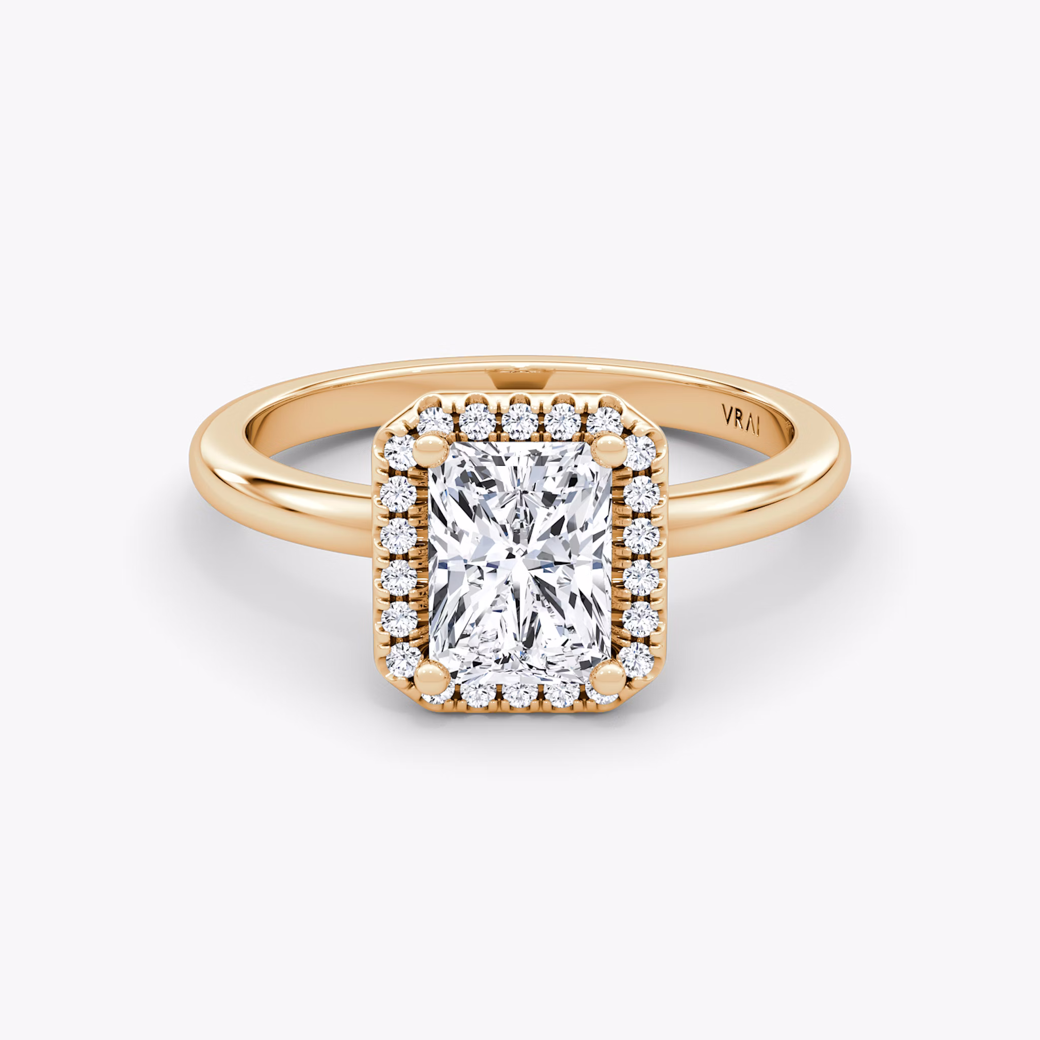 The Halo | Radiant | 14k | Rose Gold | bandAccent: Plain | haloSize: original | diamondOrientation: vertical | caratWeight: other