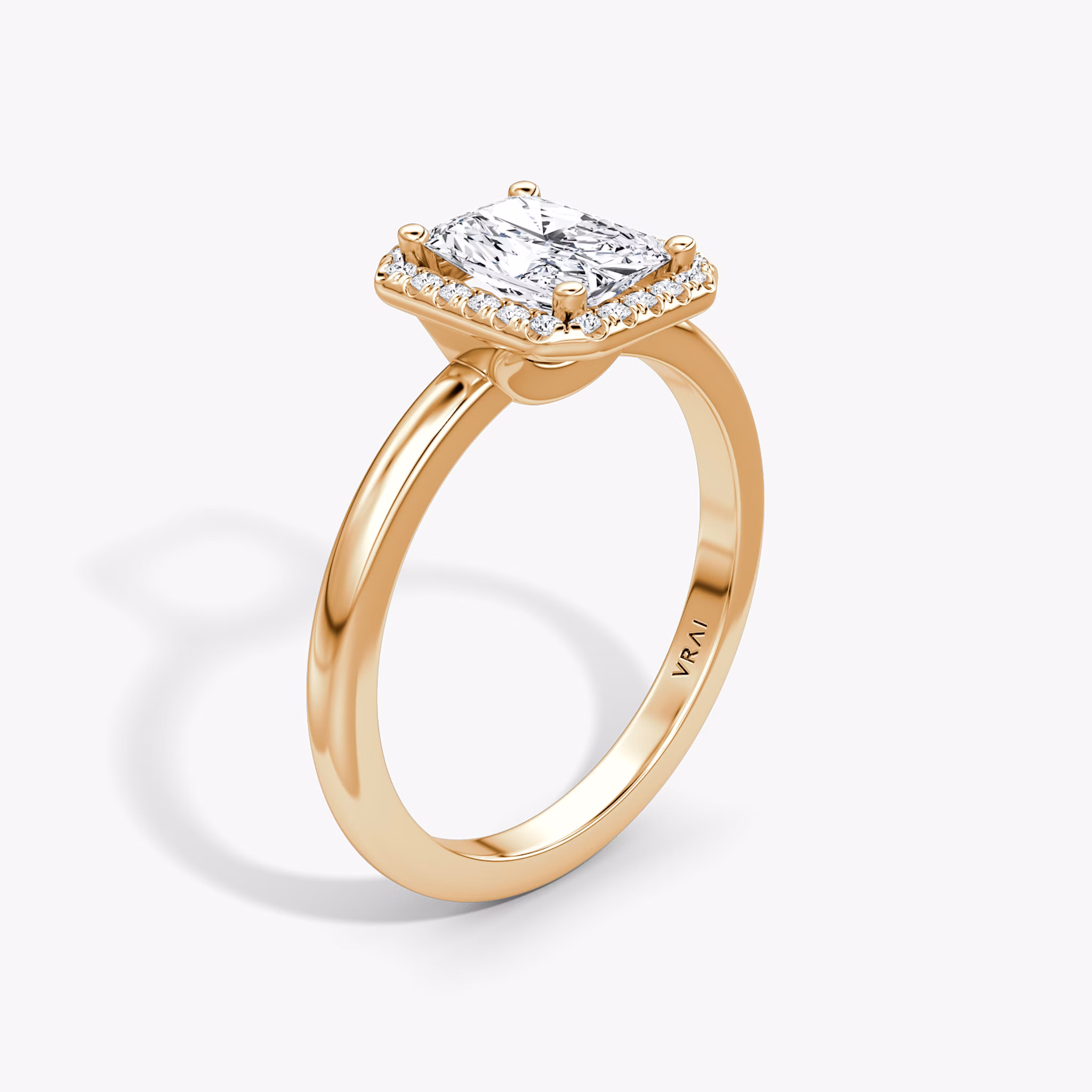 The Halo | Radiant | 14k | Rose Gold | bandAccent: Plain | haloSize: original | diamondOrientation: vertical | caratWeight: other