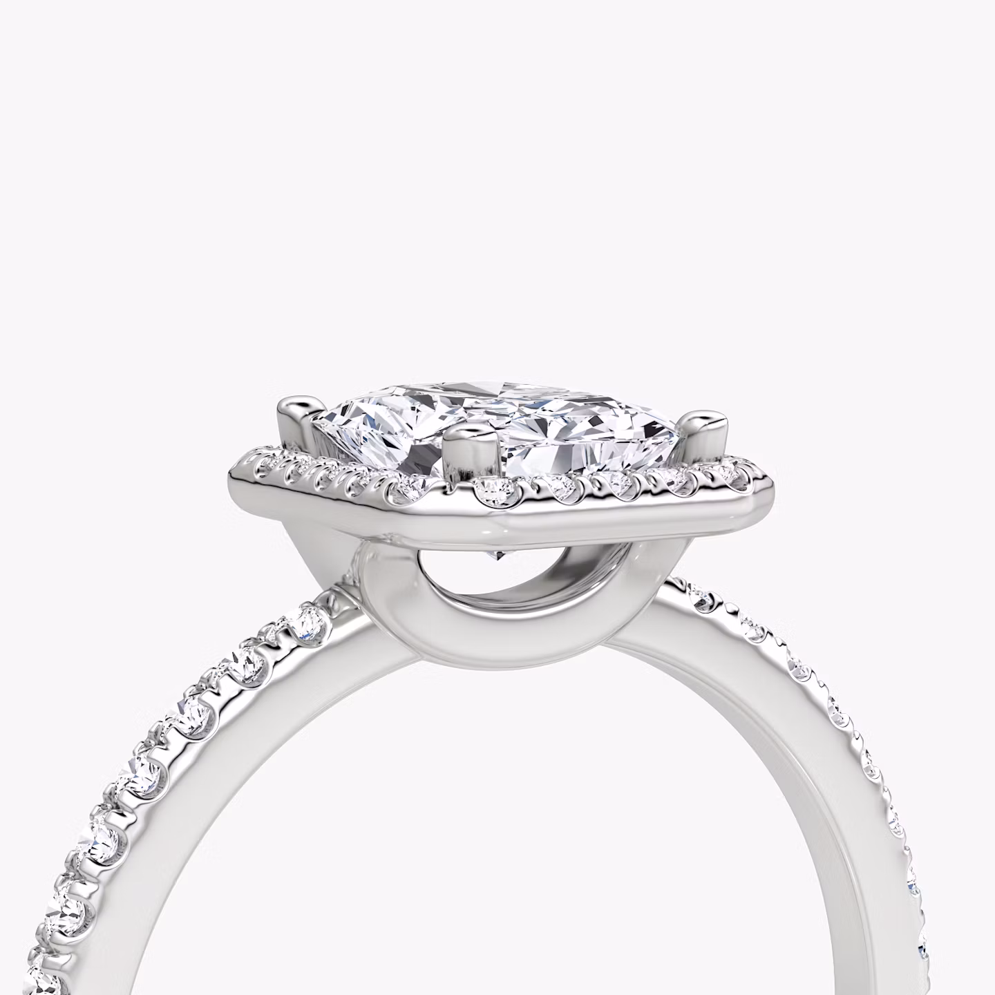 The Halo | Radiant | Platinum | bandAccent: Pavé | haloSize: original | diamondOrientation: vertical | caratWeight: other