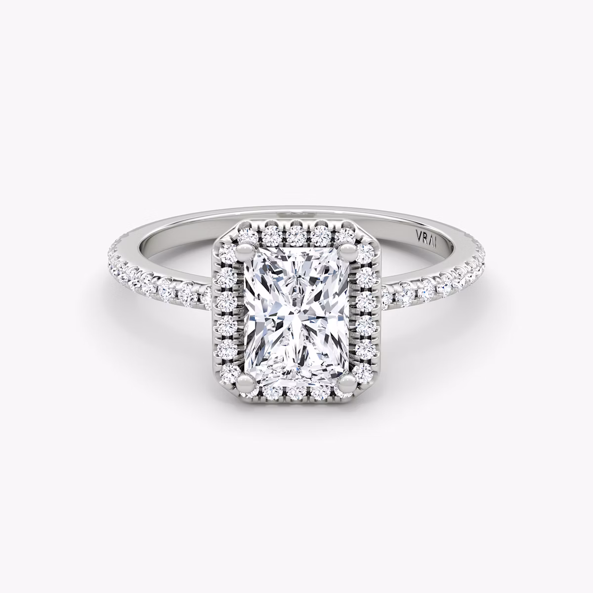 The Halo | Radiant | 18k | White Gold | bandAccent: Pavé | haloSize: original | diamondOrientation: vertical | caratWeight: other