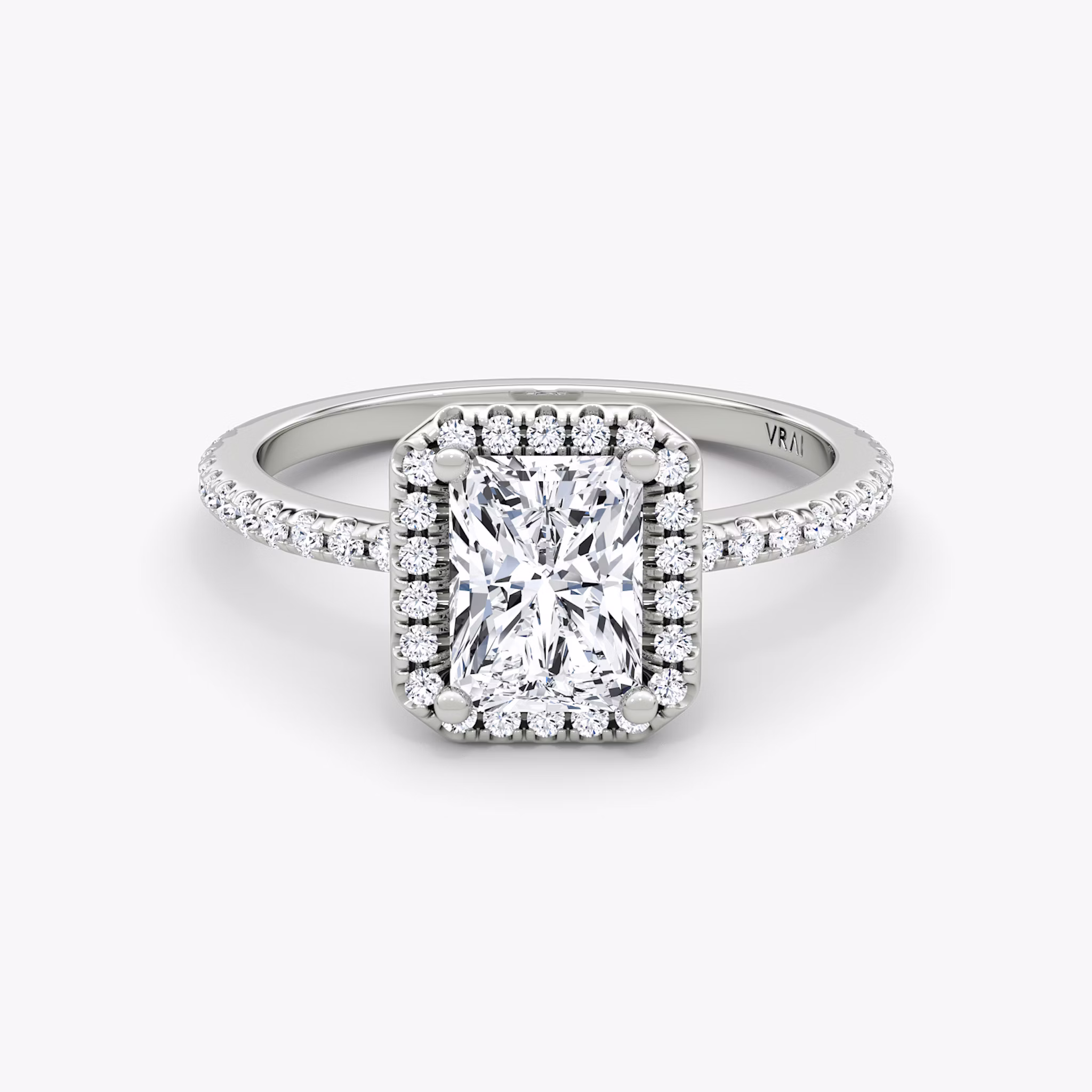 The Halo | Radiant | 18k | White Gold | bandAccent: Pavé | haloSize: original | diamondOrientation: vertical | caratWeight: other