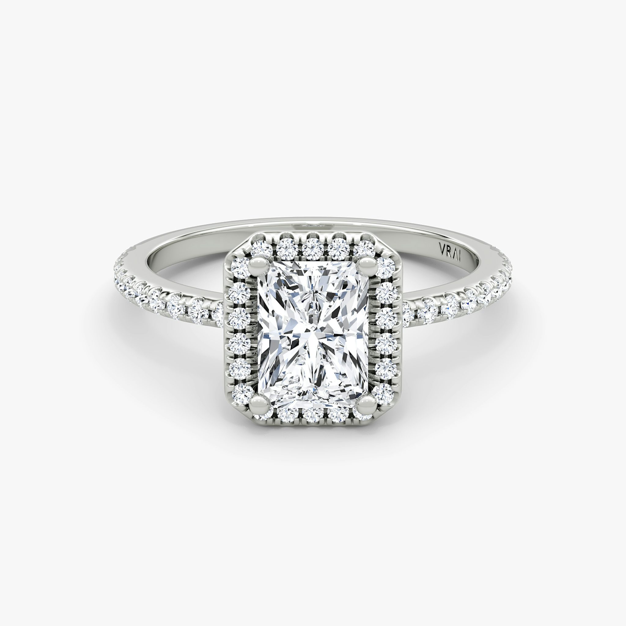 The Halo | Radiant | 18k | White Gold | bandAccent: Pavé | haloSize: original | diamondOrientation: vertical | caratWeight: other