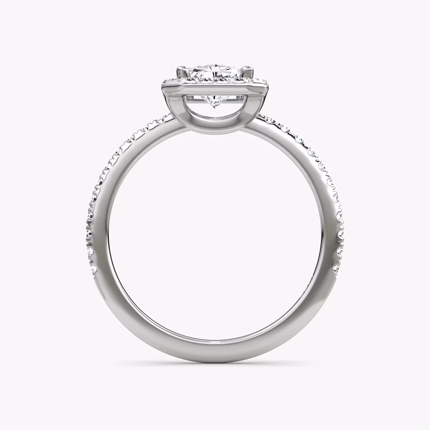The Halo | Radiant | Platinum | bandAccent: Pavé | haloSize: original | diamondOrientation: vertical | caratWeight: other