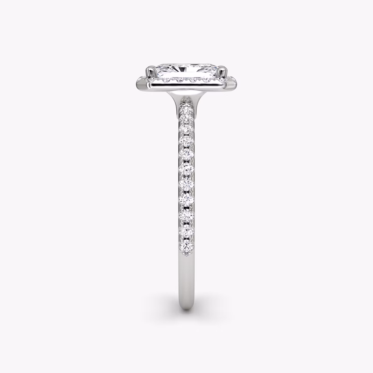 The Halo | Radiant | Platinum | bandAccent: Pavé | haloSize: original | diamondOrientation: vertical | caratWeight: other