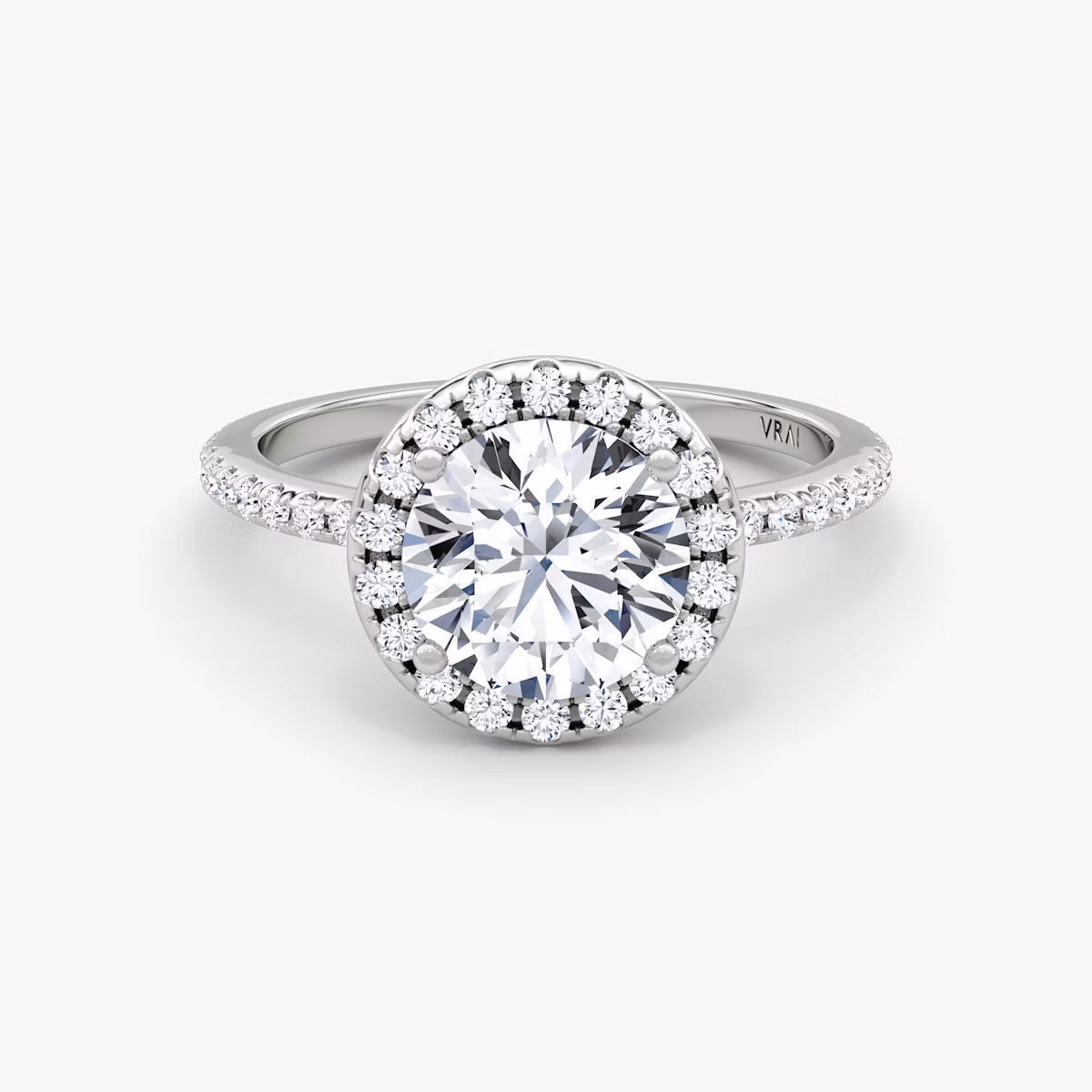The Halo | Round Brilliant | 18k | White Gold | bandAccent: Pavé | caratWeight: 2.0ct | haloSize: original | diamondOrientation: vertical