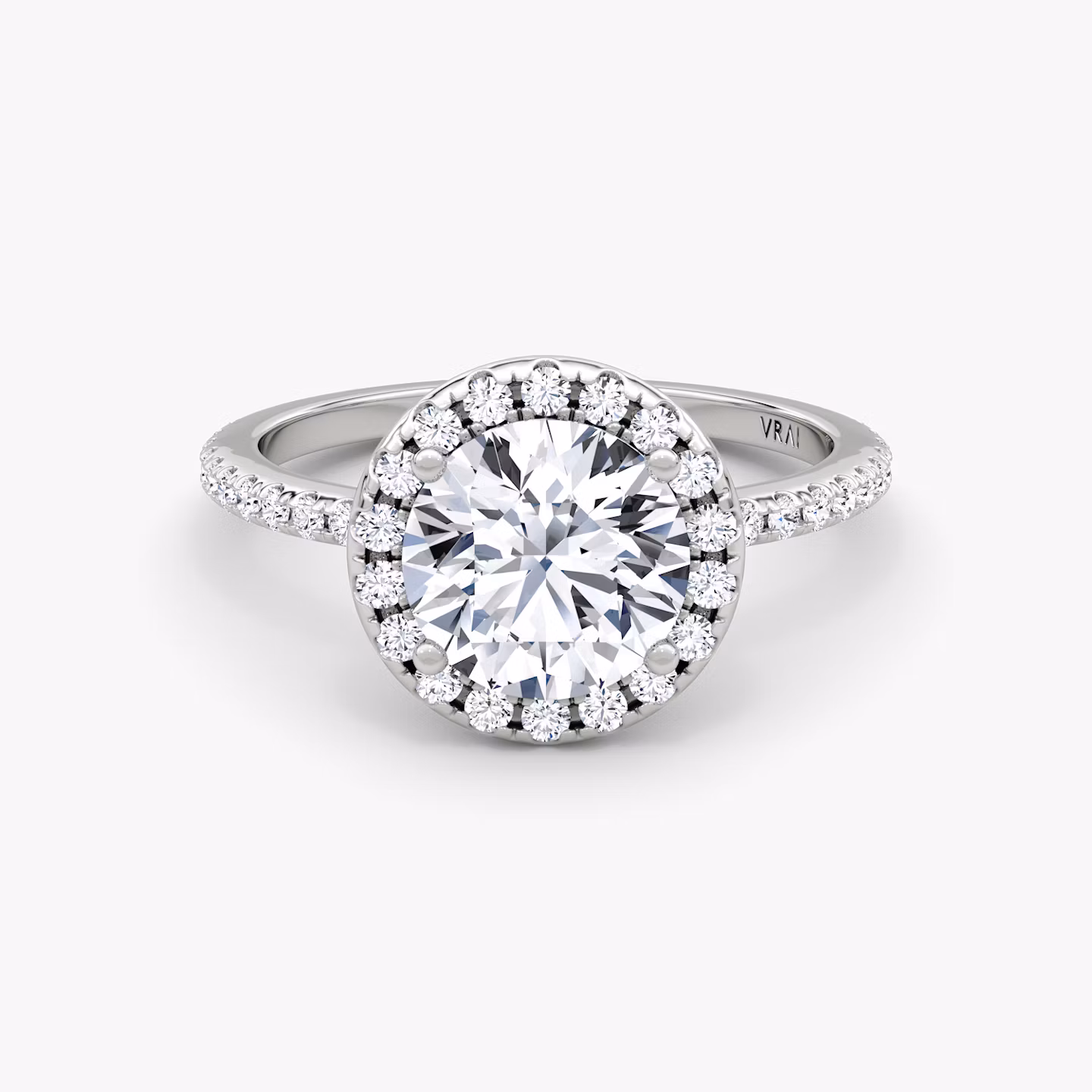 The Halo | Round Brilliant | 18k | White Gold | bandAccent: Pavé | caratWeight: 2.0ct | haloSize: original | diamondOrientation: vertical