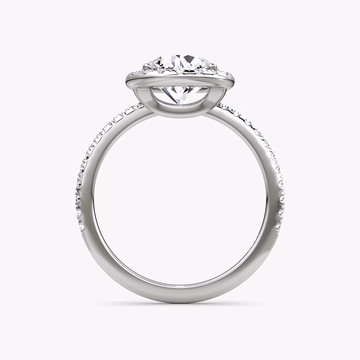 The Halo | Round Brilliant | 18k | White Gold | bandAccent: Pavé | caratWeight: 2.0ct | haloSize: original | diamondOrientation: vertical