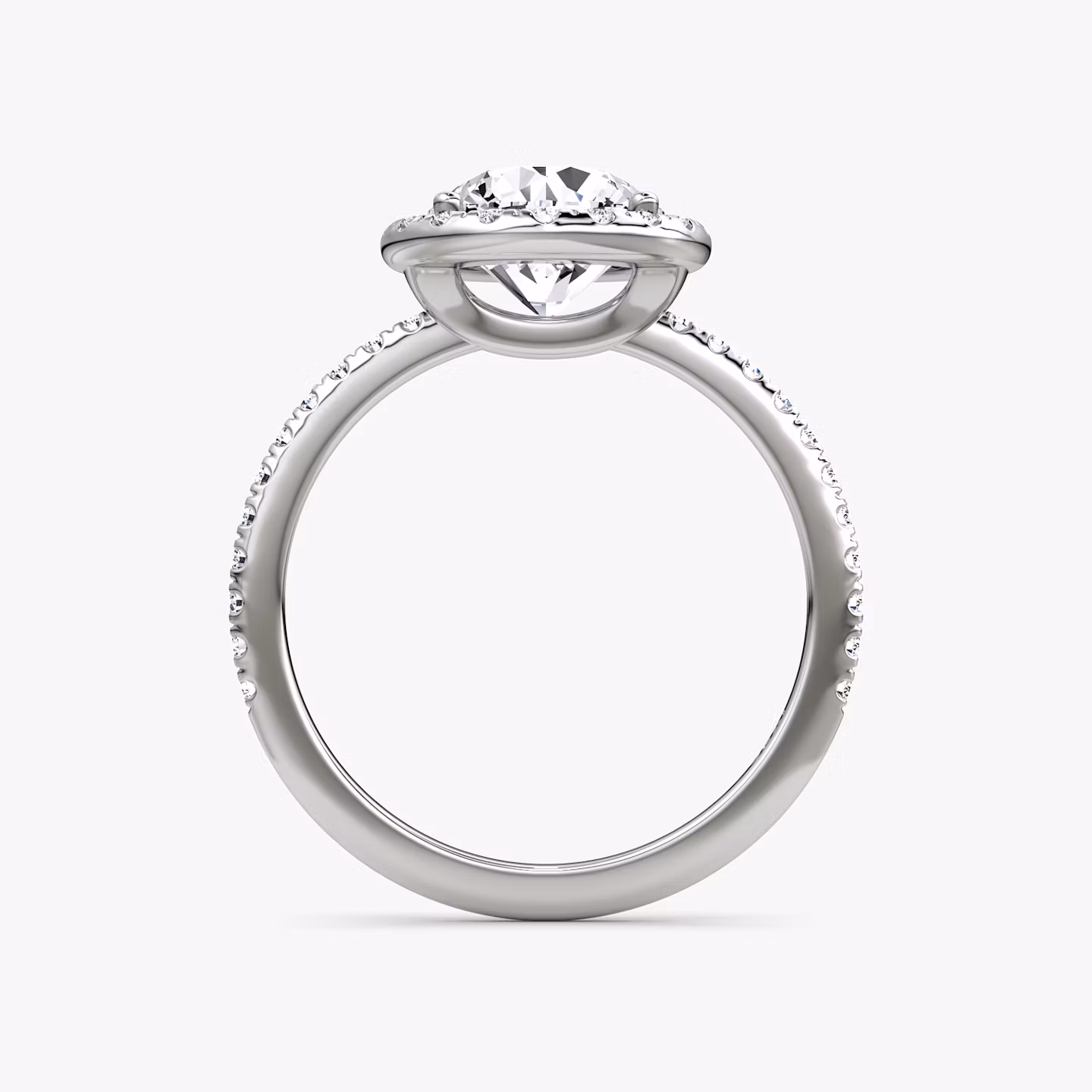 The Halo | Round Brilliant | 18k | White Gold | bandAccent: Pavé | caratWeight: 2.0ct | haloSize: original | diamondOrientation: vertical