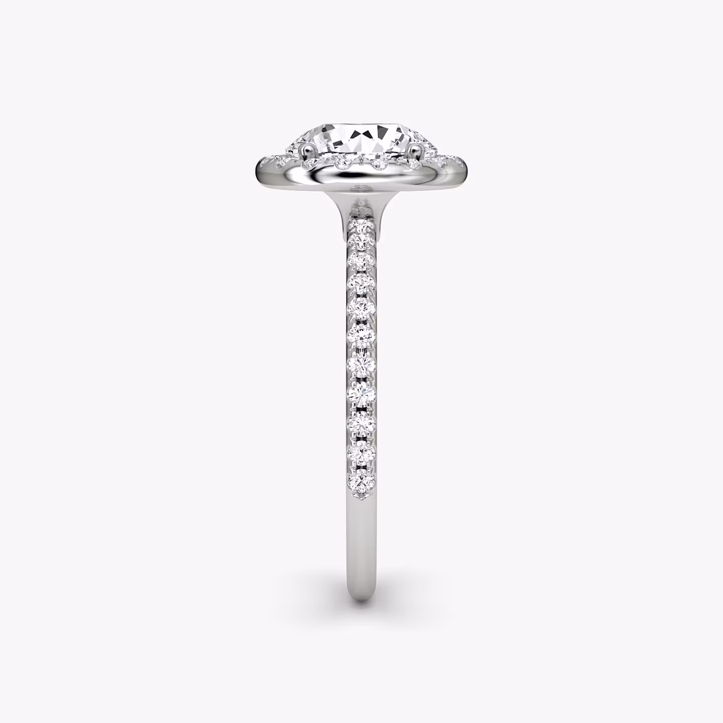 The Halo | Round Brilliant | 18k | White Gold | bandAccent: Pavé | caratWeight: 2.0ct | haloSize: original | diamondOrientation: vertical