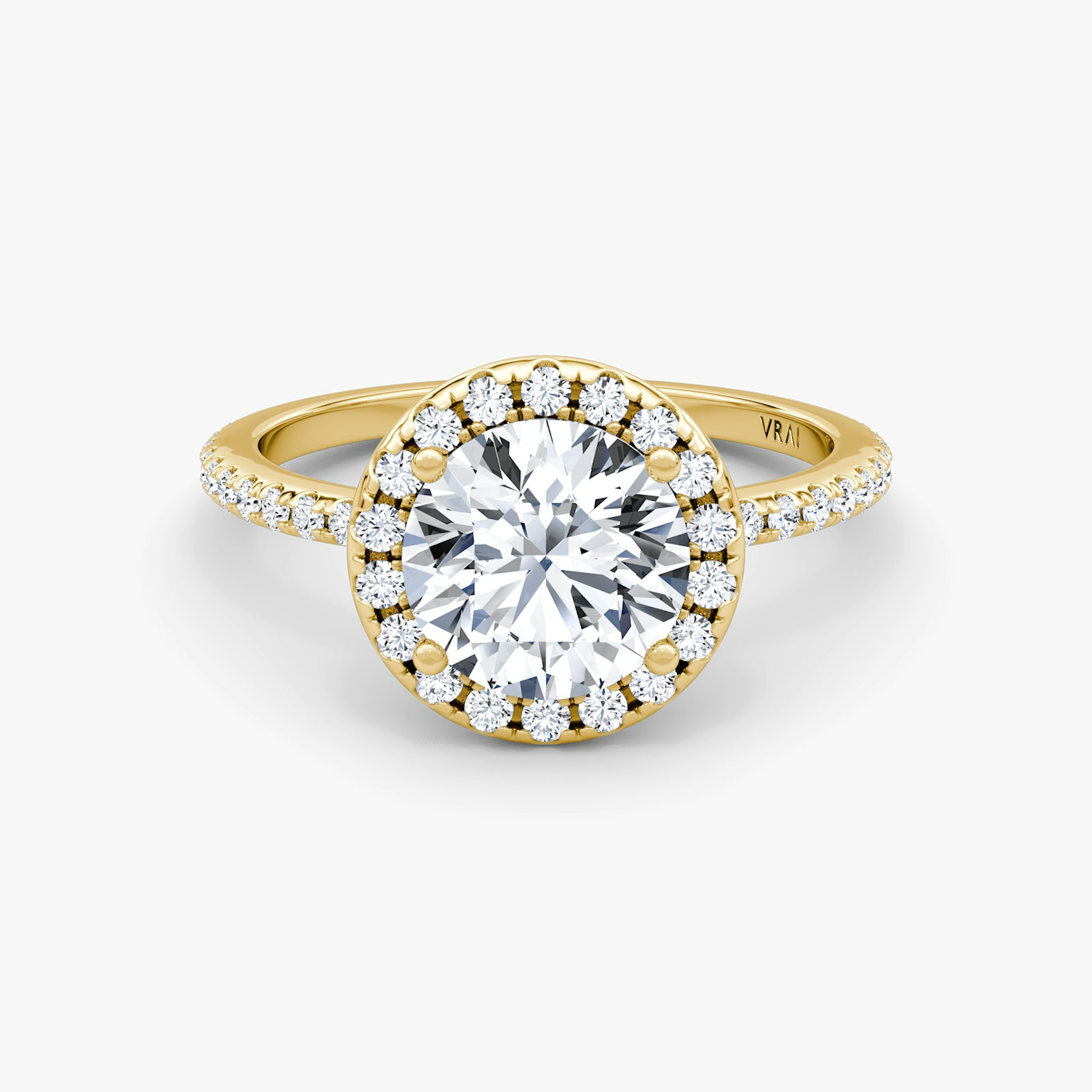 The Halo | Round Brilliant | 18k | Yellow Gold | bandAccent: Pavé | caratWeight: 2.0ct | haloSize: original | diamondOrientation: vertical