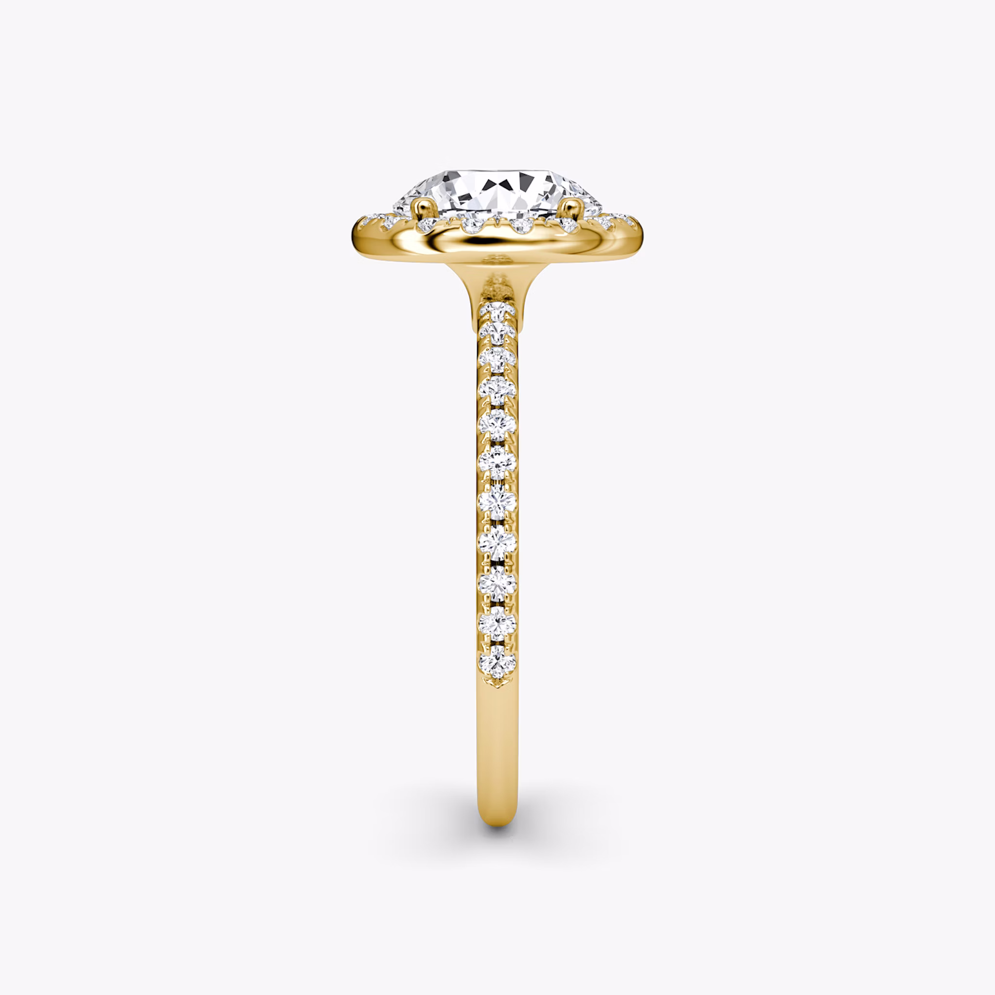 The Halo | Round Brilliant | 18k | Yellow Gold | bandAccent: Pavé | caratWeight: 2.0ct | haloSize: original | diamondOrientation: vertical