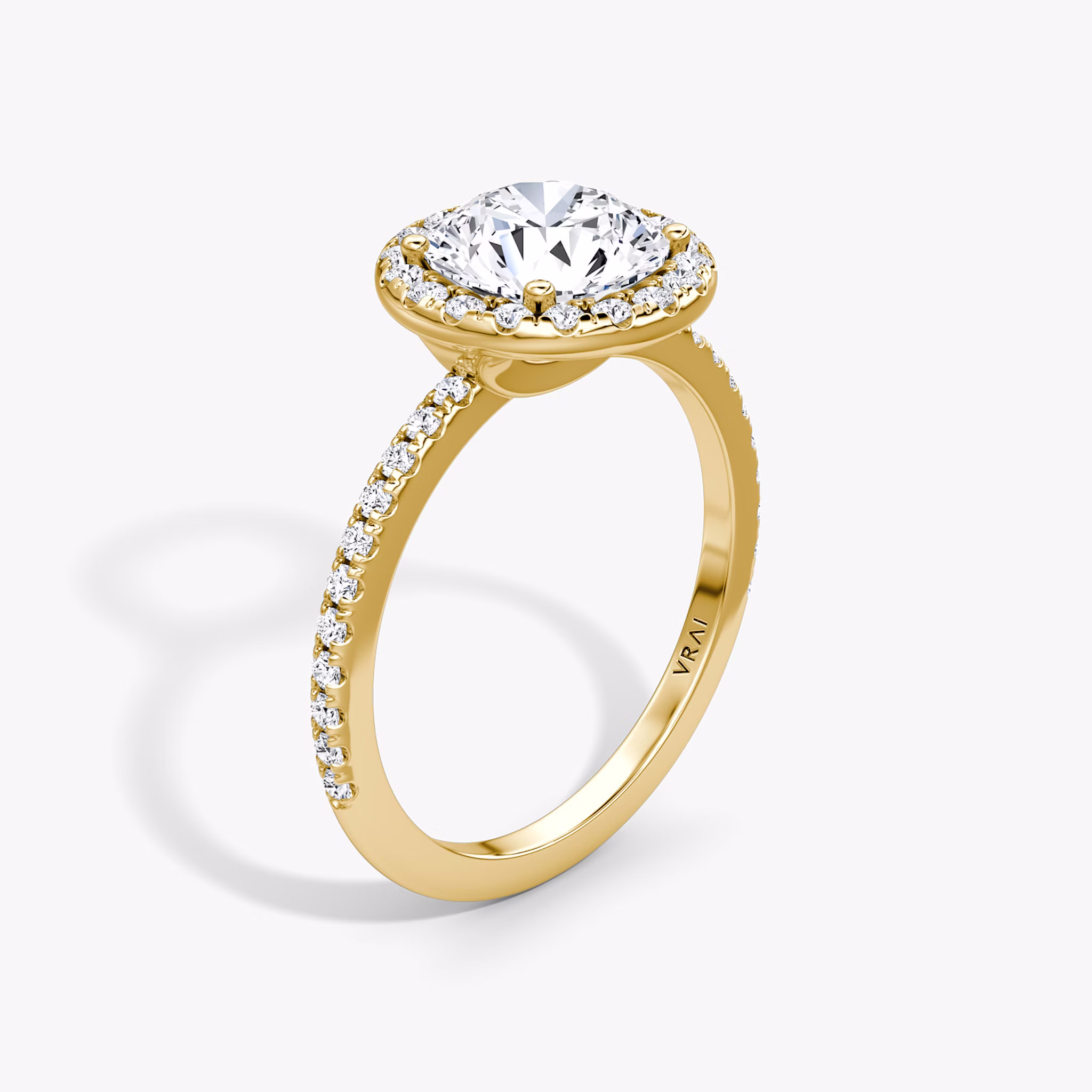 The Halo | Round Brilliant | 18k | Yellow Gold | bandAccent: Pavé | caratWeight: 2.0ct | haloSize: original | diamondOrientation: vertical
